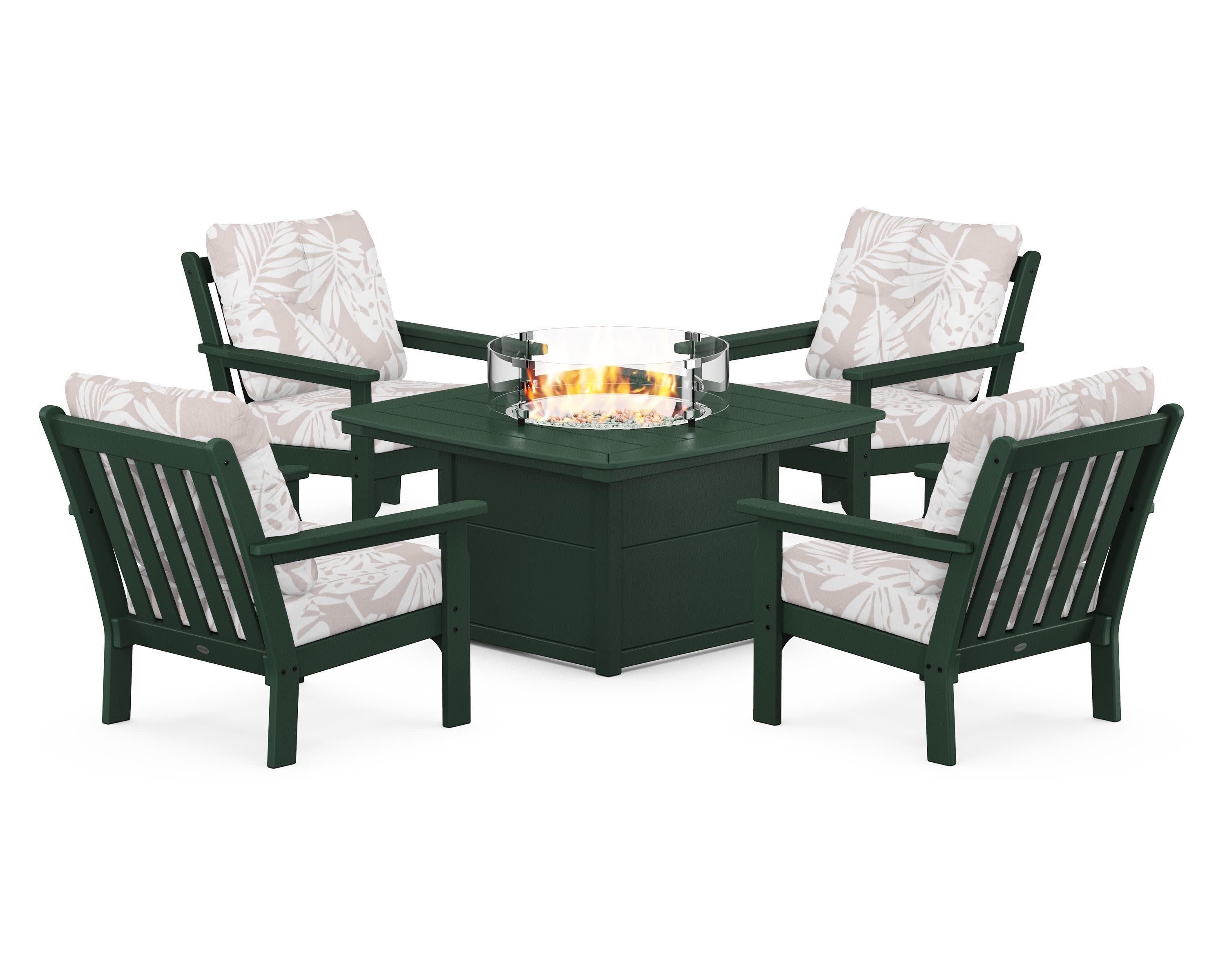 Vineyard 5-Piece Conversation Set with Fire Pit Table in Green / Leaf Dune Burlap