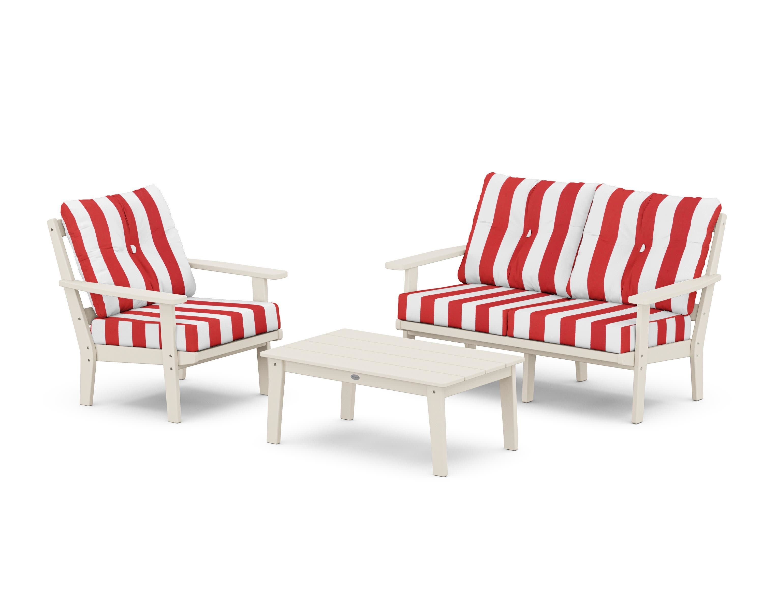 Oxford 3-Piece Deep Seating Set with Loveseat in Sand / Cabana Stripe Crimson