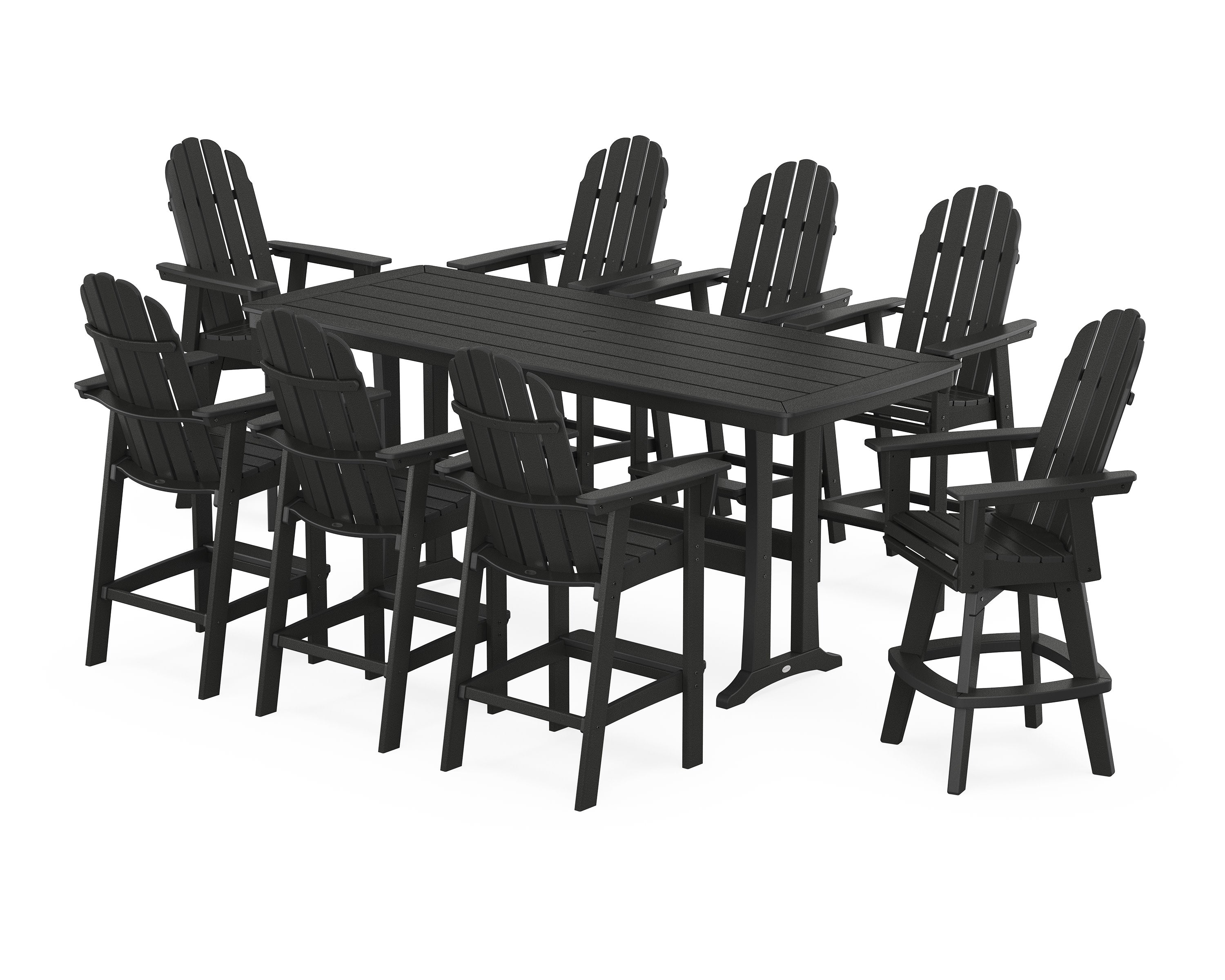 Vineyard Curveback Adirondack Swivel 9-Piece Bar Set with Trestle Legs in Black