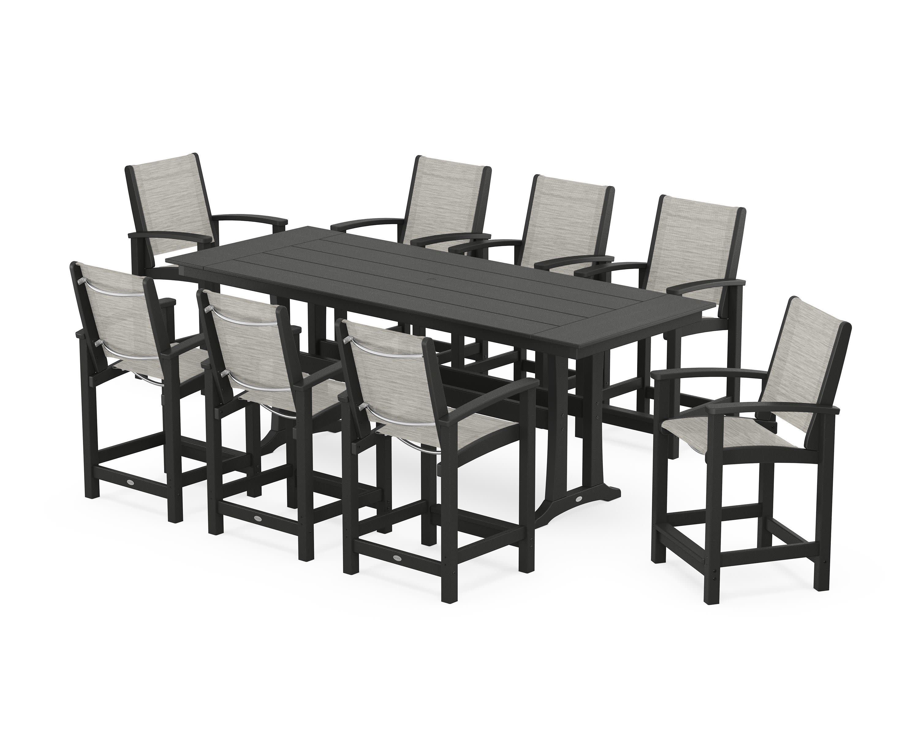 Coastal 9-Piece Farmhouse Counter Set with Trestle Legs in Black / Birch Sling