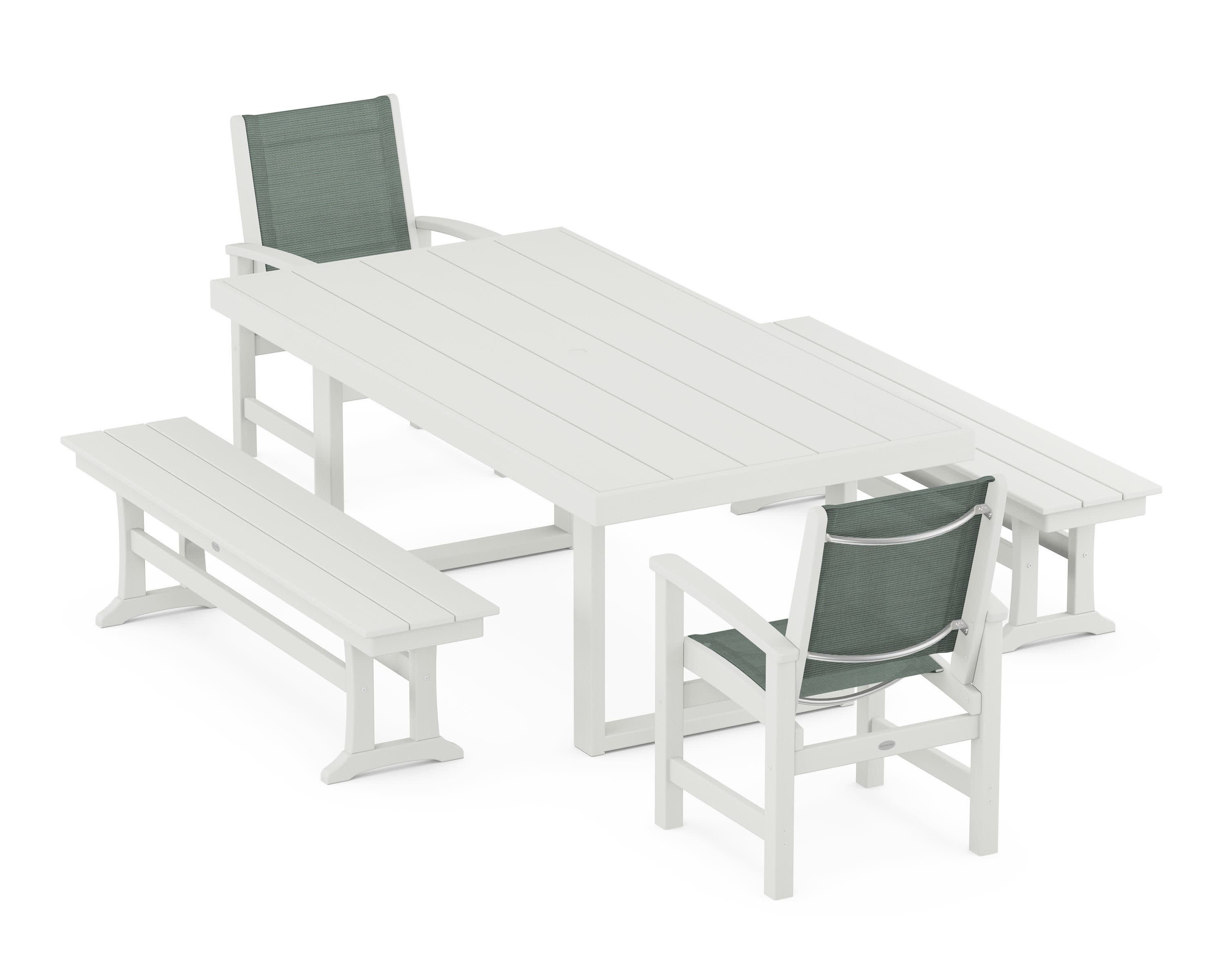 Coastal 5-Piece Dining Set with Trestle Legs in Vintage White / Dupioni Sea Mist Sling