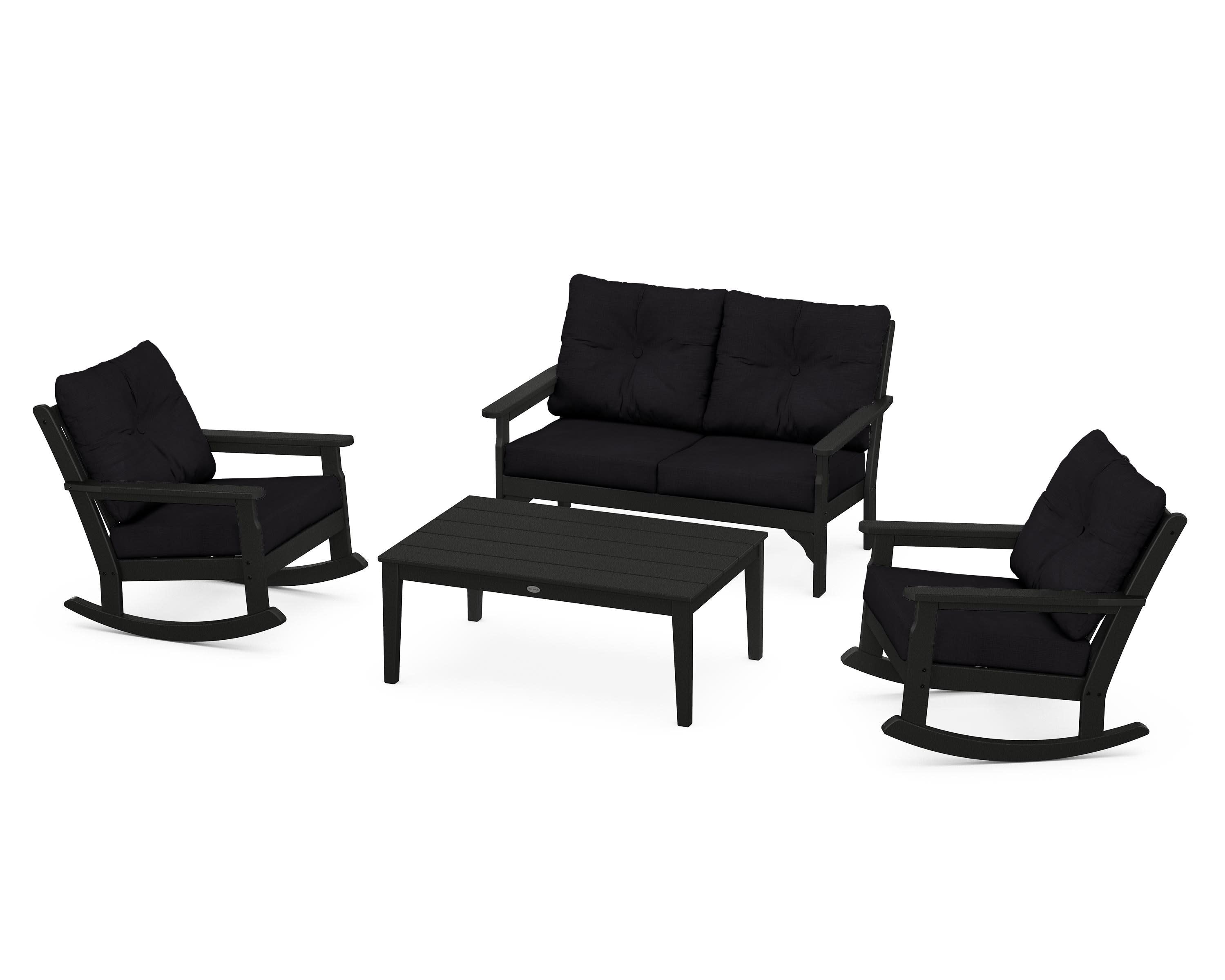 Vineyard 4-Piece Deep Seating Rocking Chair Set in Black / Midnight Linen