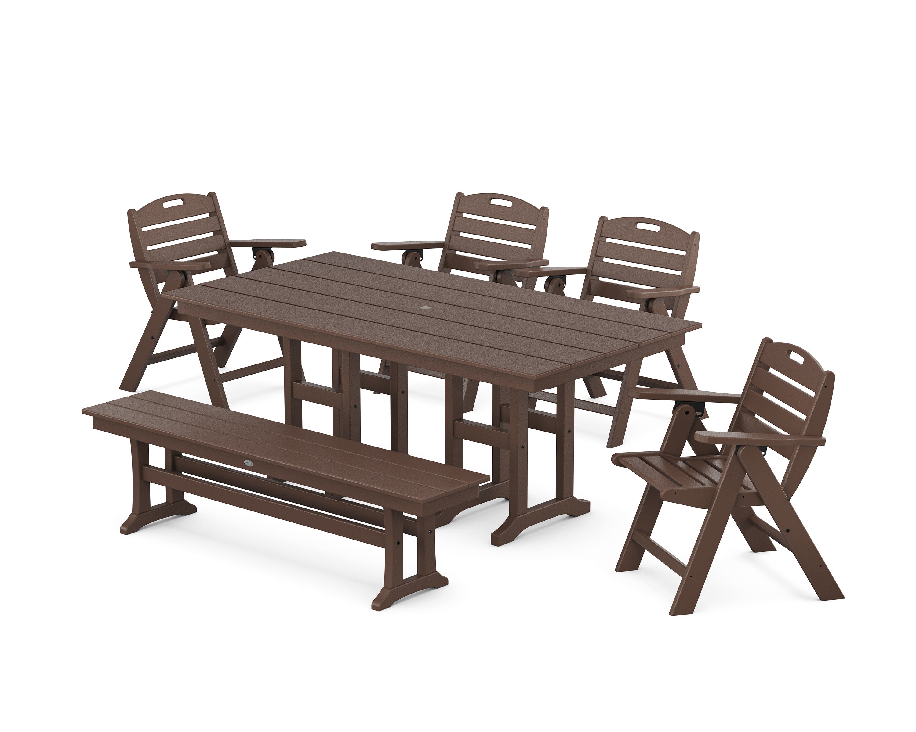 Nautical Lowback 6-Piece Farmhouse Dining Set with Bench in Mahogany