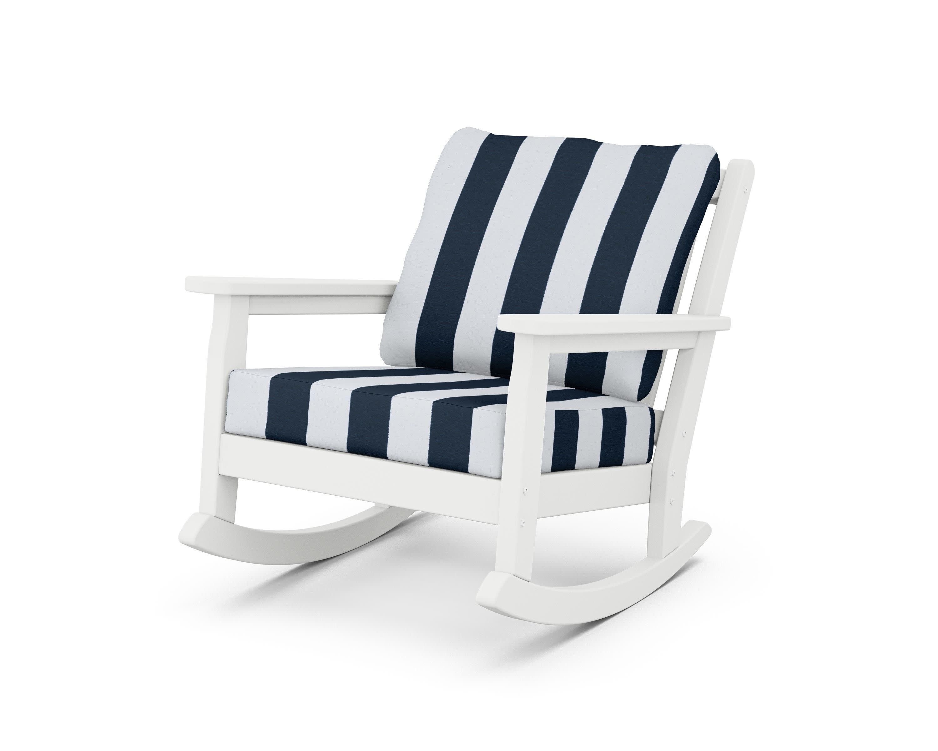 Chippendale Deep Seating Rocking Chair in White / Cabana Stripe Marine Indigo