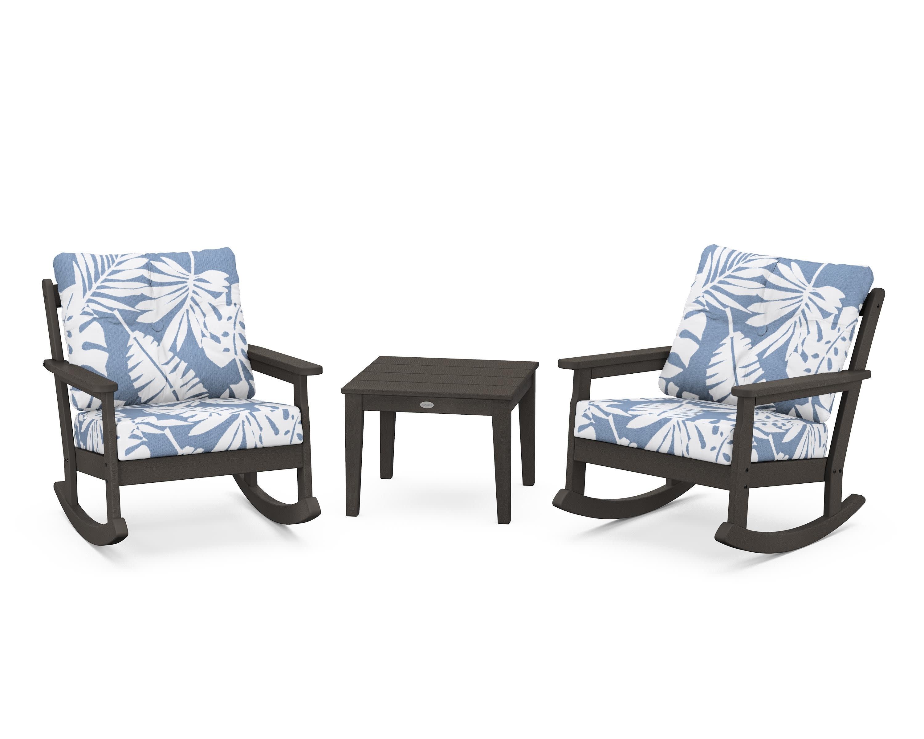 Vineyard 3-Piece Deep Seating Rocker Set in Vintage Coffee / Leaf Sky Blue