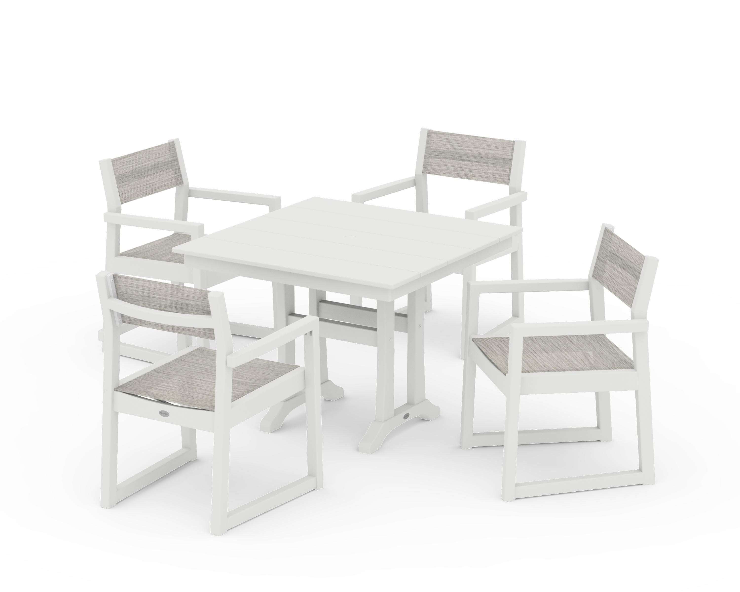 EDGE Sling 5-Piece Farmhouse Dining Set with Trestle Legs in Vintage White / Birch Sling