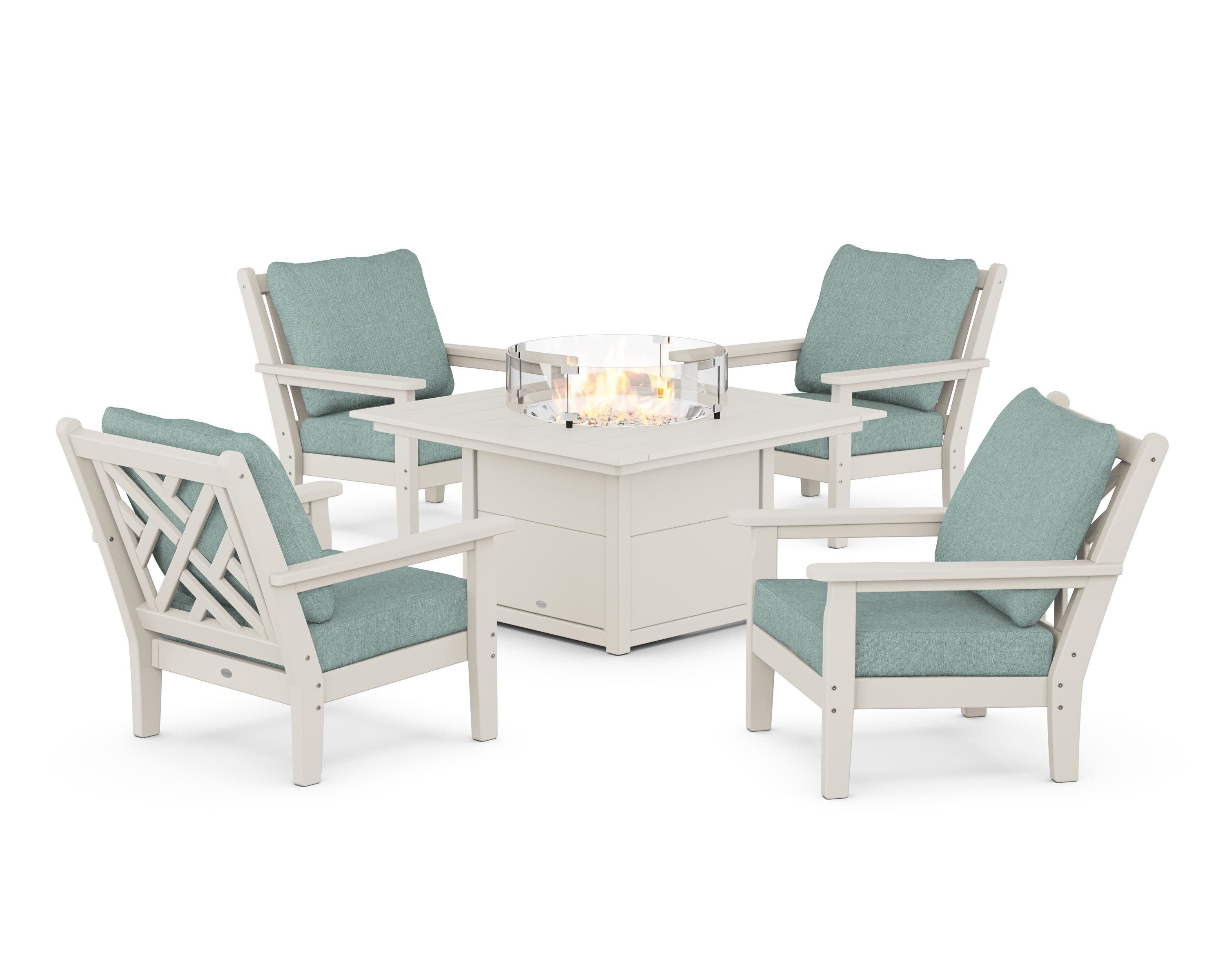 Chippendale 5-Piece Deep Seating Set with Fire Pit Table in Sand / Glacier Spa
