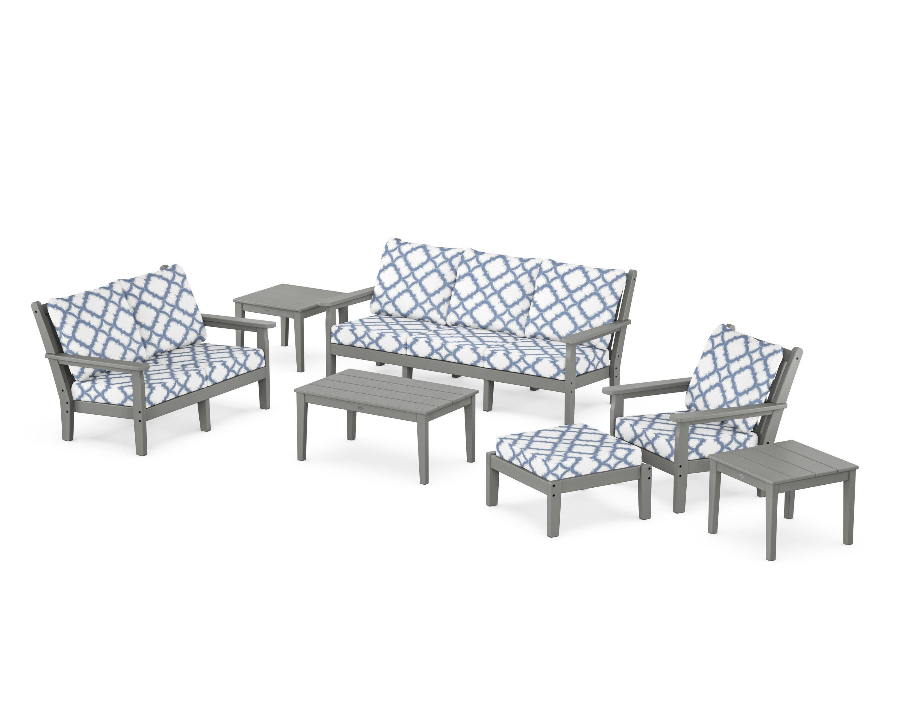 Chippendale 7-Piece Deep Seating Set in Slate Grey / Trellis Sky Blue