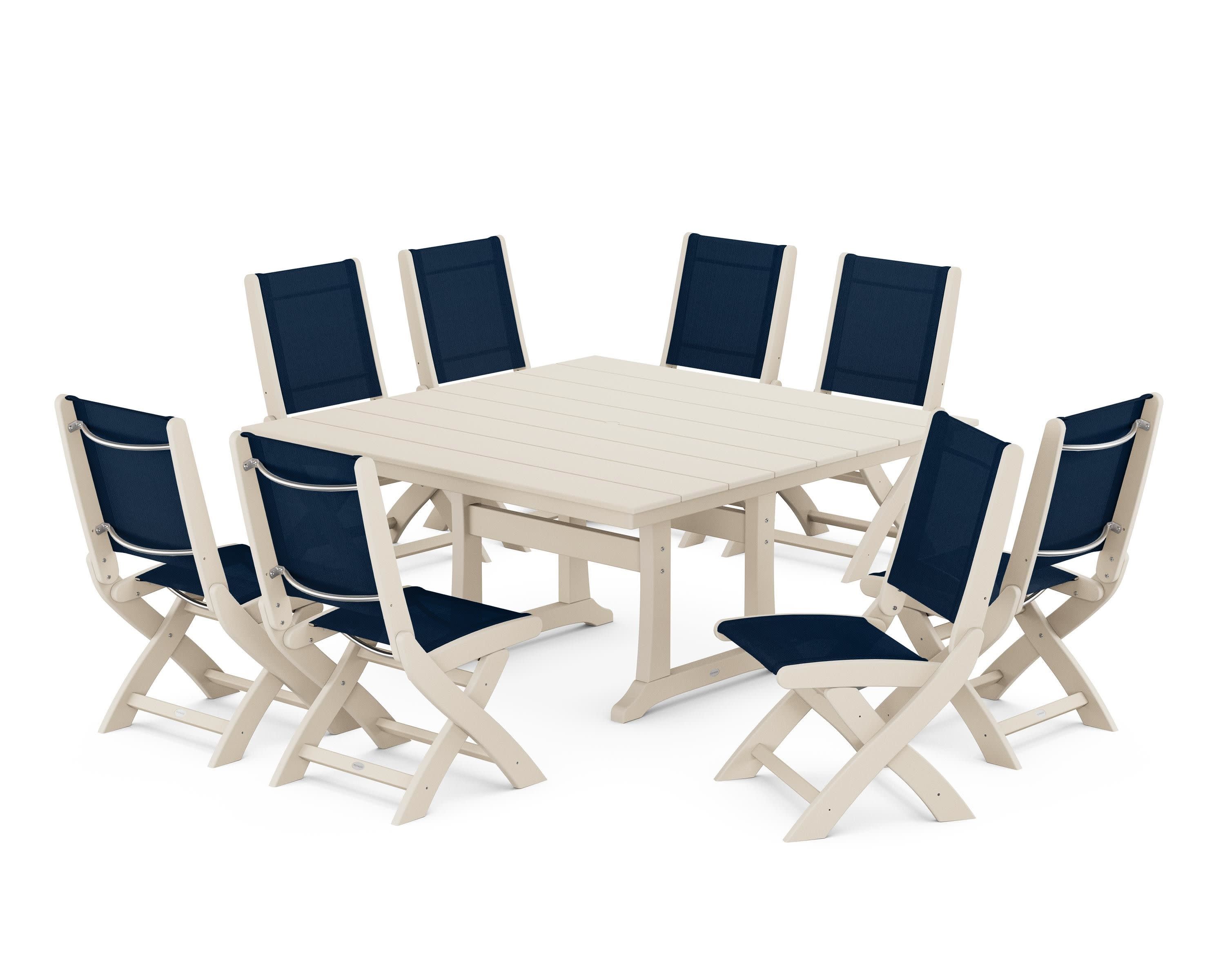 Coastal Folding Side Chair 9-Piece Farmhouse Dining Set in Sand / Navy Blue Sling