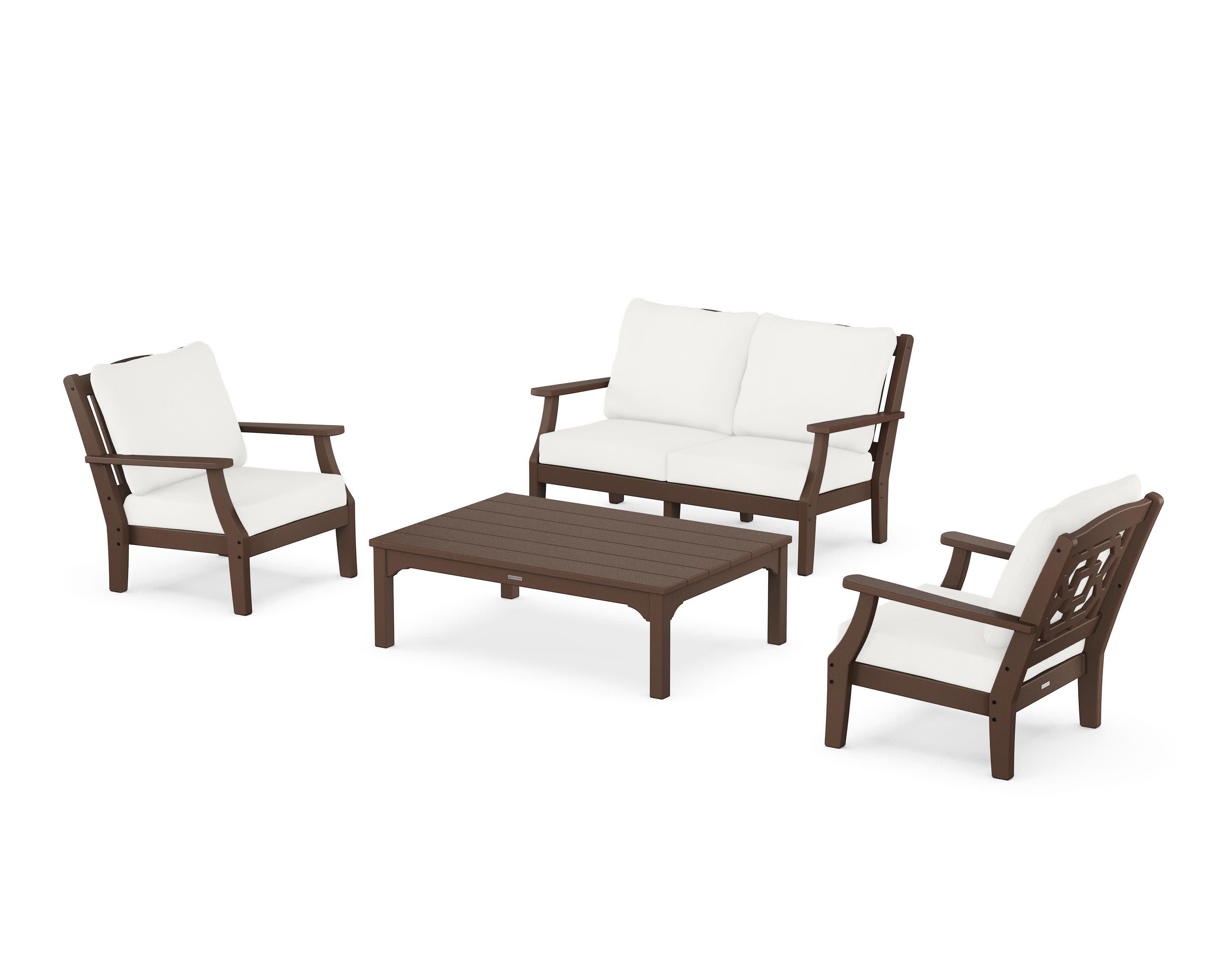 Chinoiserie 4-Piece Deep Seating Set with Loveseat in Mahogany / Natural Linen