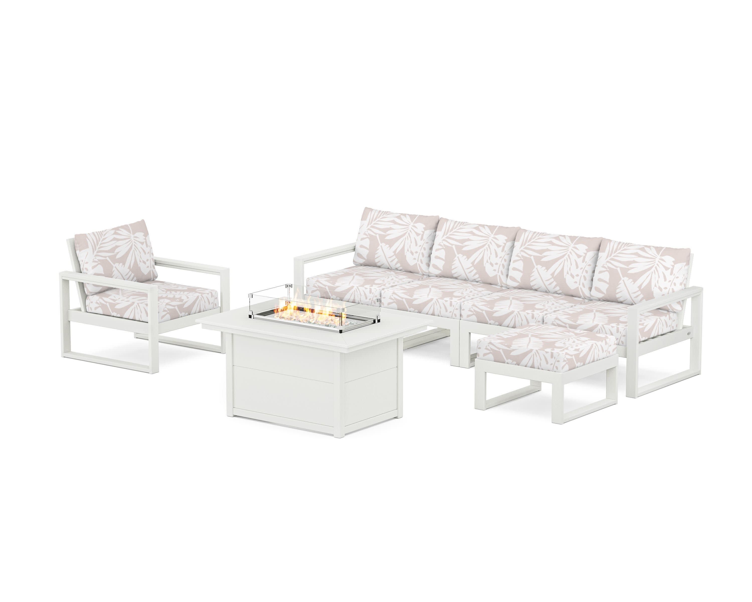 EDGE Sectional Lounge and Fire Pit Set in Vintage White / Leaf Dune Burlap