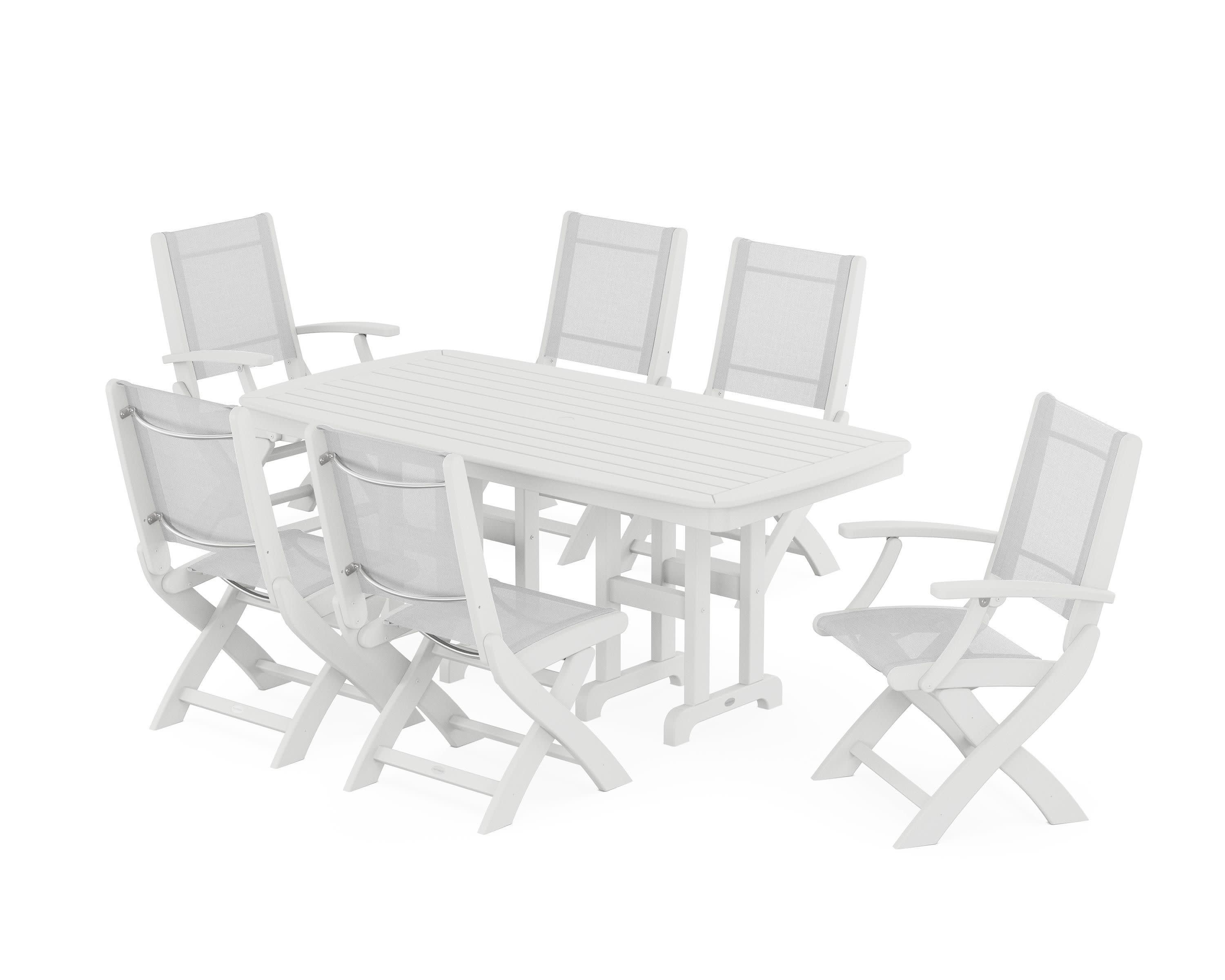Coastal Folding Chair 7-Piece Dining Set in White / White Sling