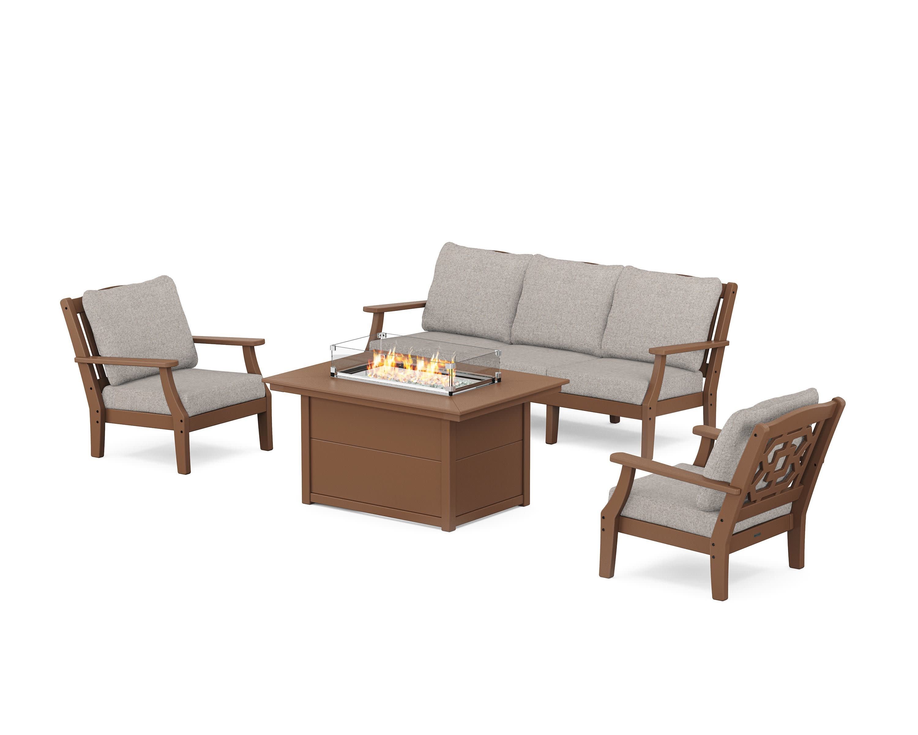 Chinoiserie Deep Seating Fire Pit Table Set in Teak / Weathered Tweed