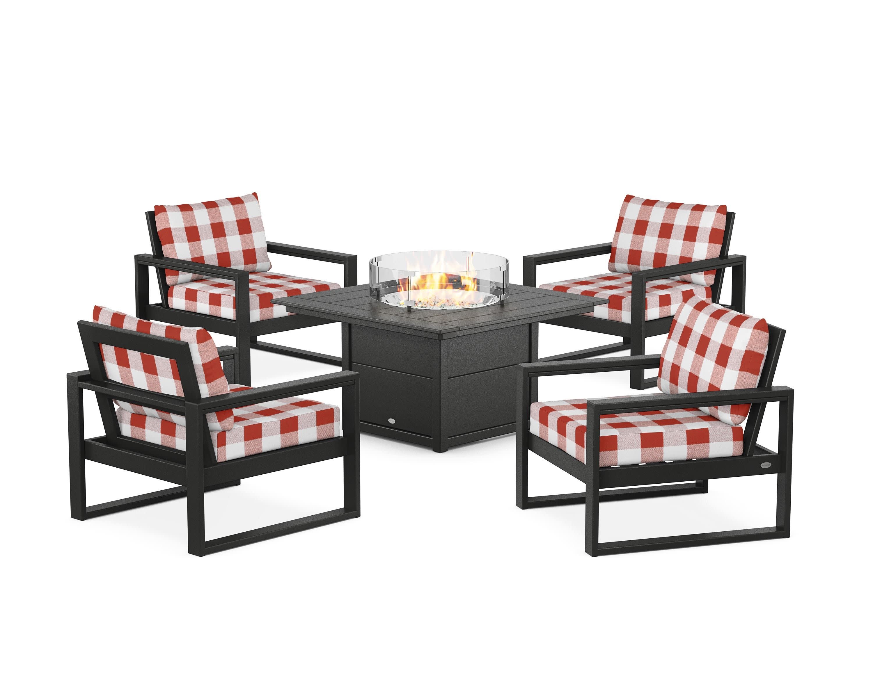 EDGE Sectional 5-Piece Deep Seating Set with Fire Pit Table in Black / Buffalo Plaid Crimson