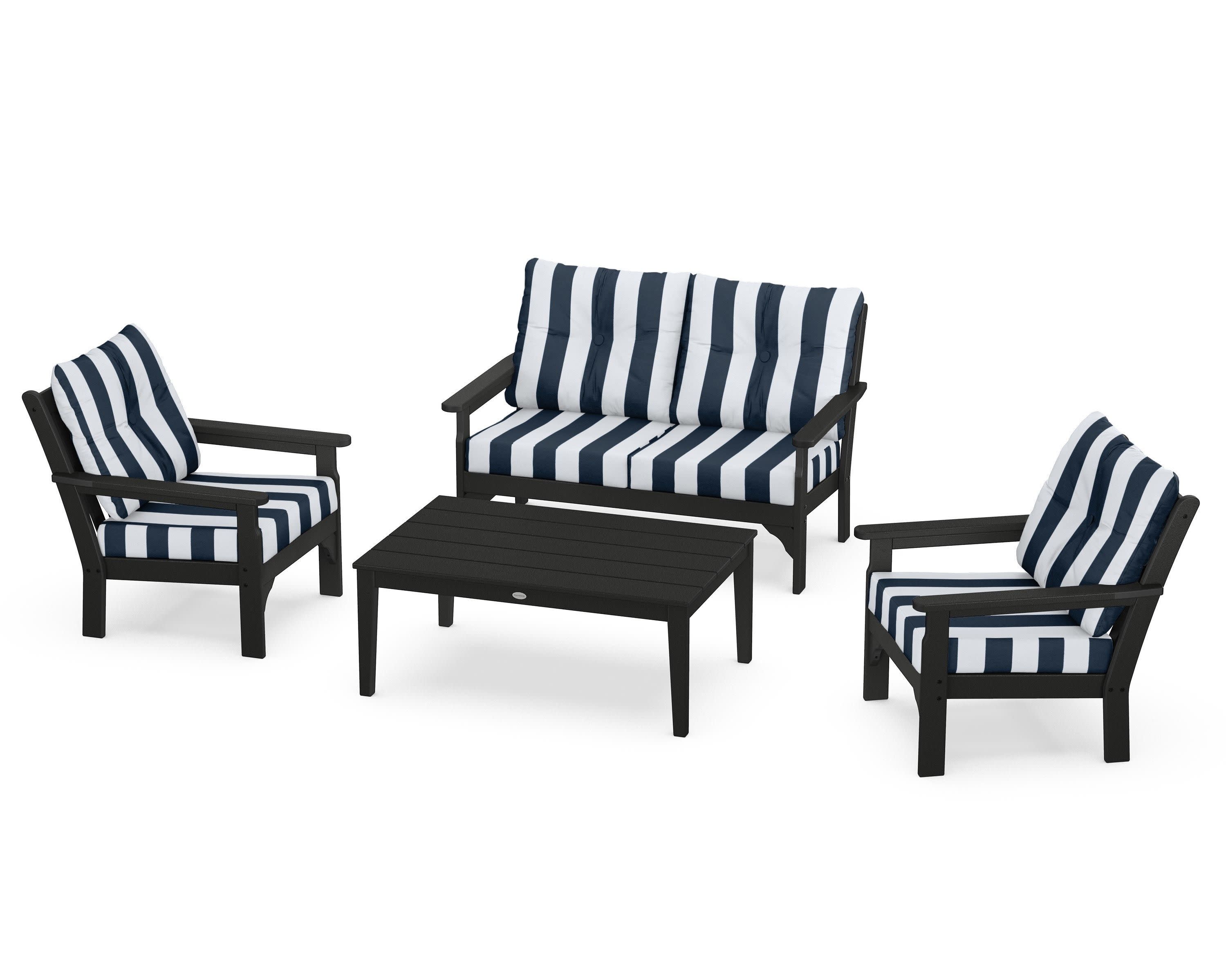 Vineyard 4-Piece Deep Seating Set in Black / Cabana Stripe Marine Indigo