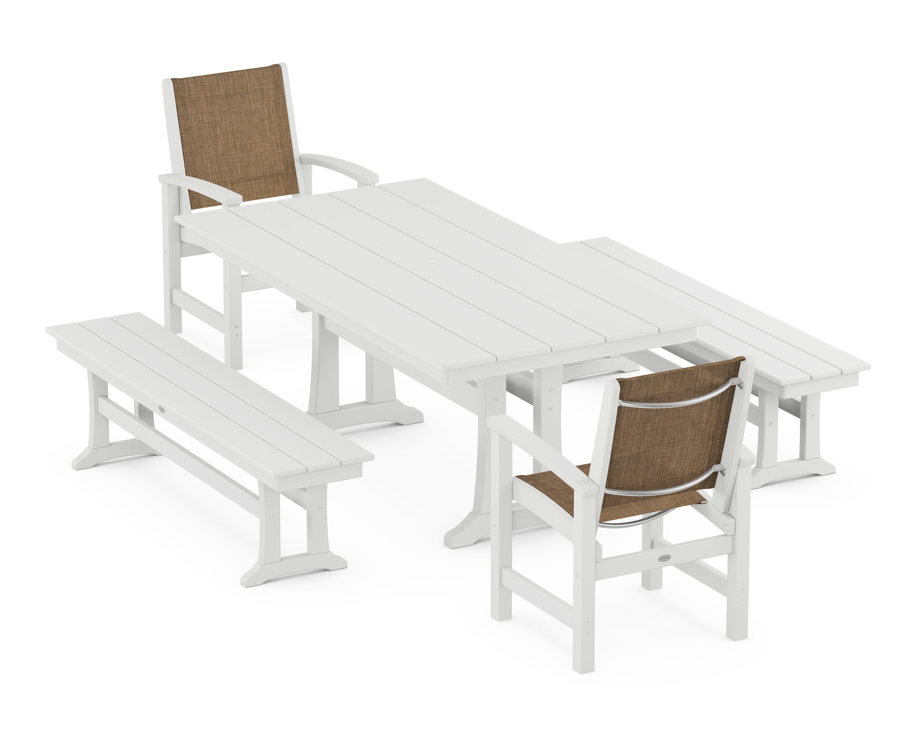 Coastal 5-Piece Farmhouse Dining Set with Trestle Legs and Benches in White / Burlap Sling