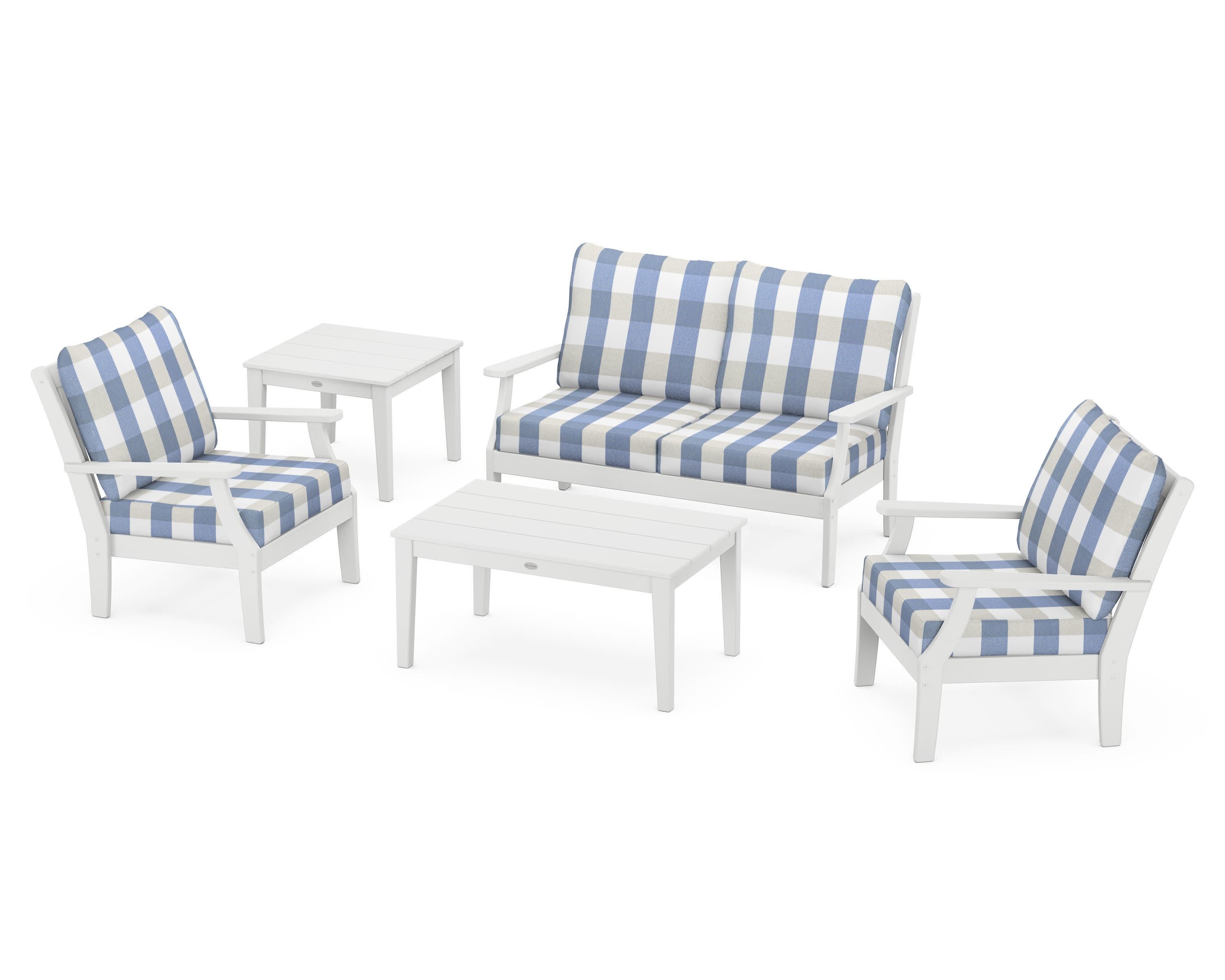 Braxton 5-Piece Deep Seating Set in White / Buffalo Plaid Sky Blue