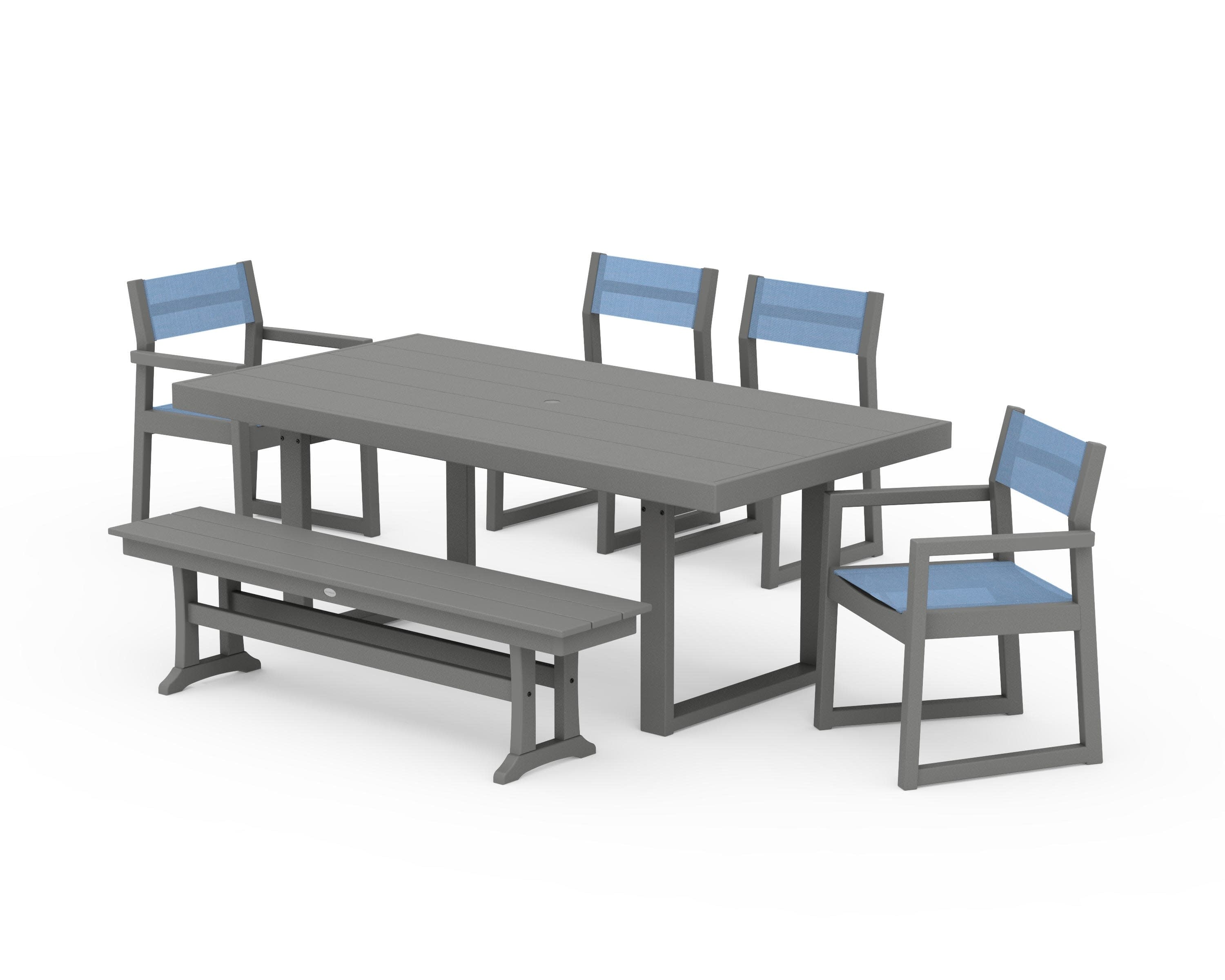 EDGE Sling 6-Piece Dining Set with Bench in Slate Grey / Poolside Sling