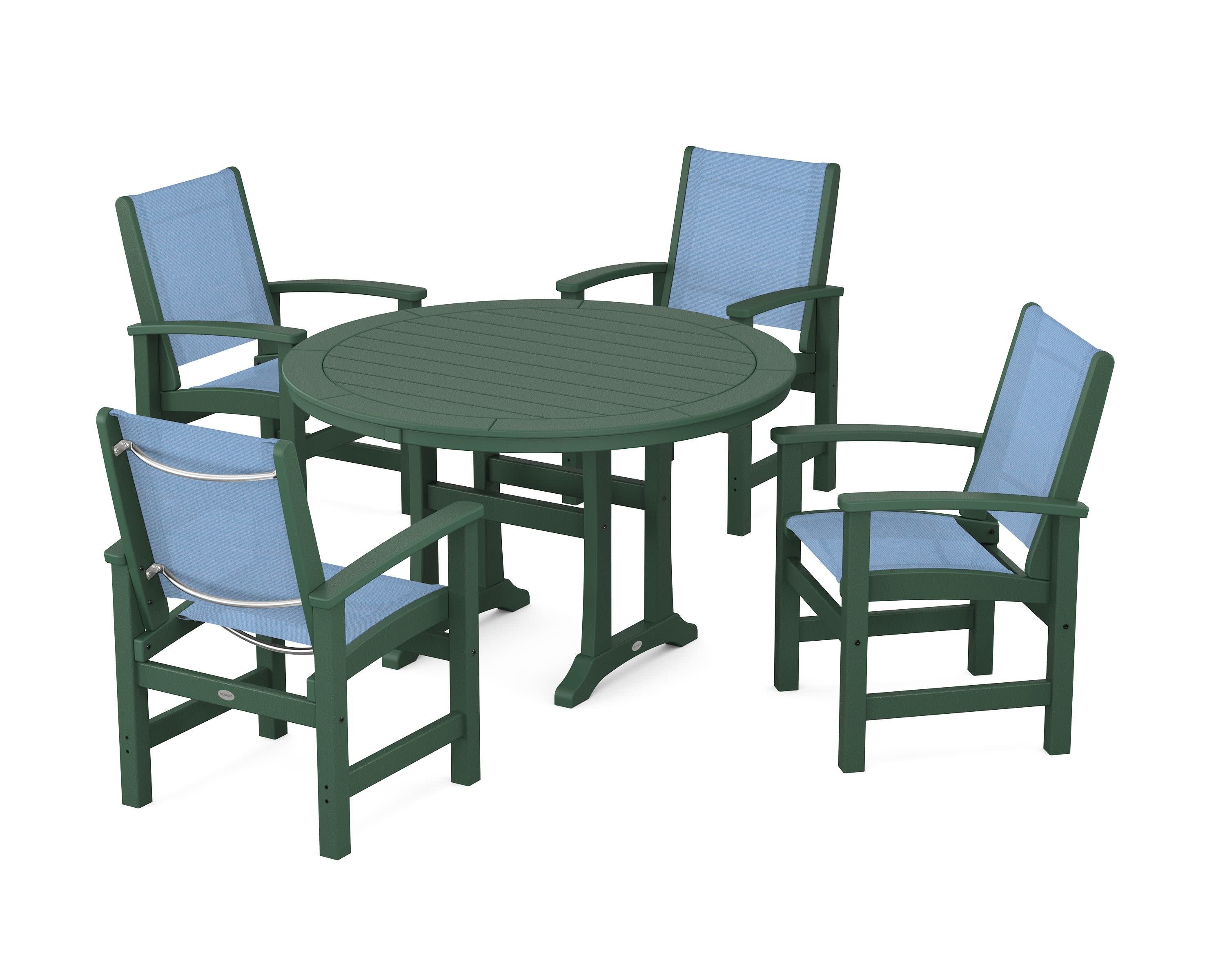 Coastal 5-Piece Round Dining Set with Trestle Legs in Green / Poolside Sling