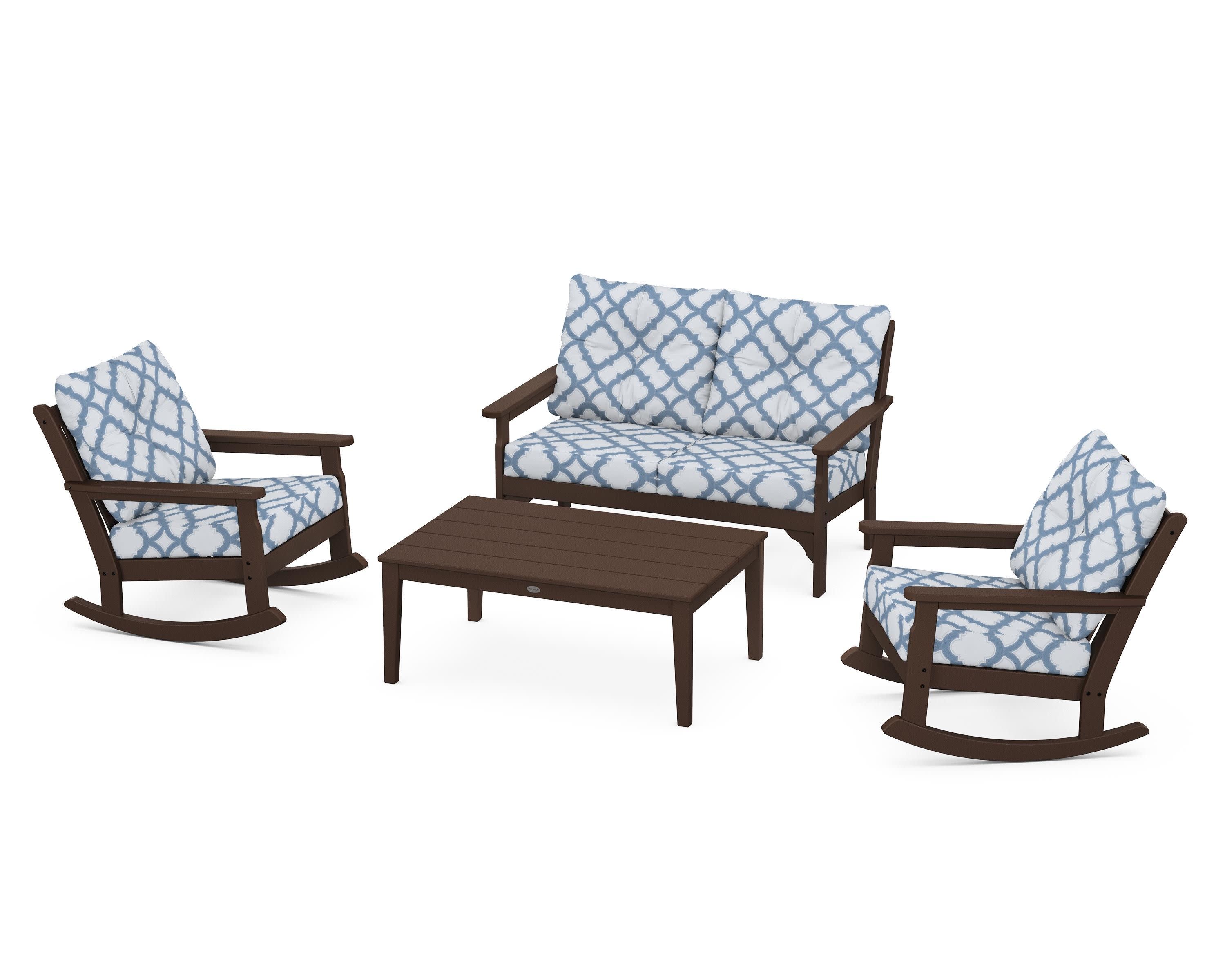 Vineyard 4-Piece Deep Seating Rocking Chair Set in Mahogany / Trellis Sky Blue