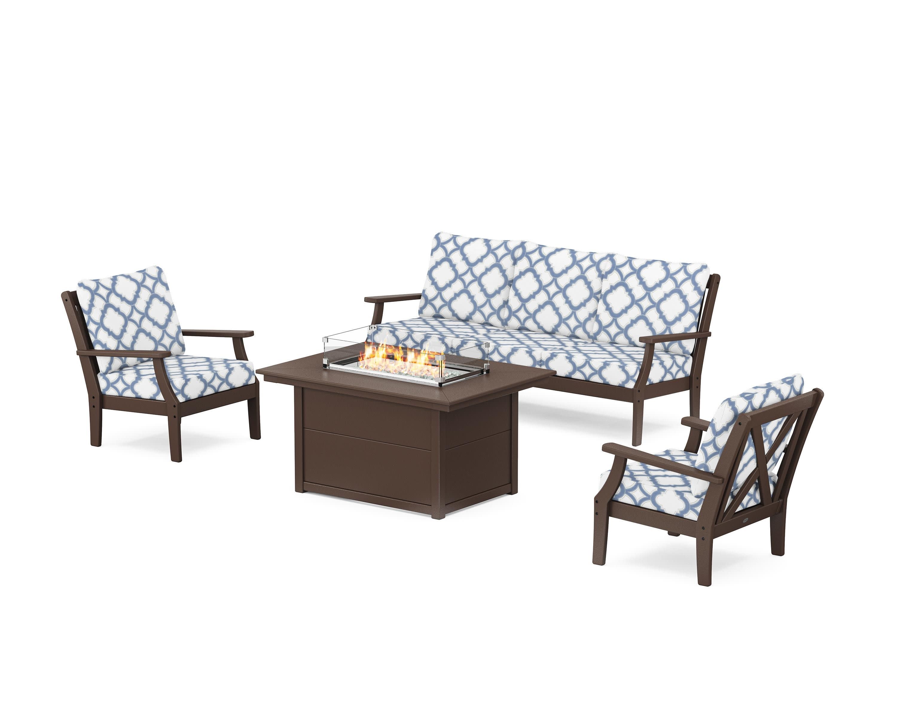Braxton Deep Seating Fire Pit Table Set in Mahogany / Trellis Sky Blue