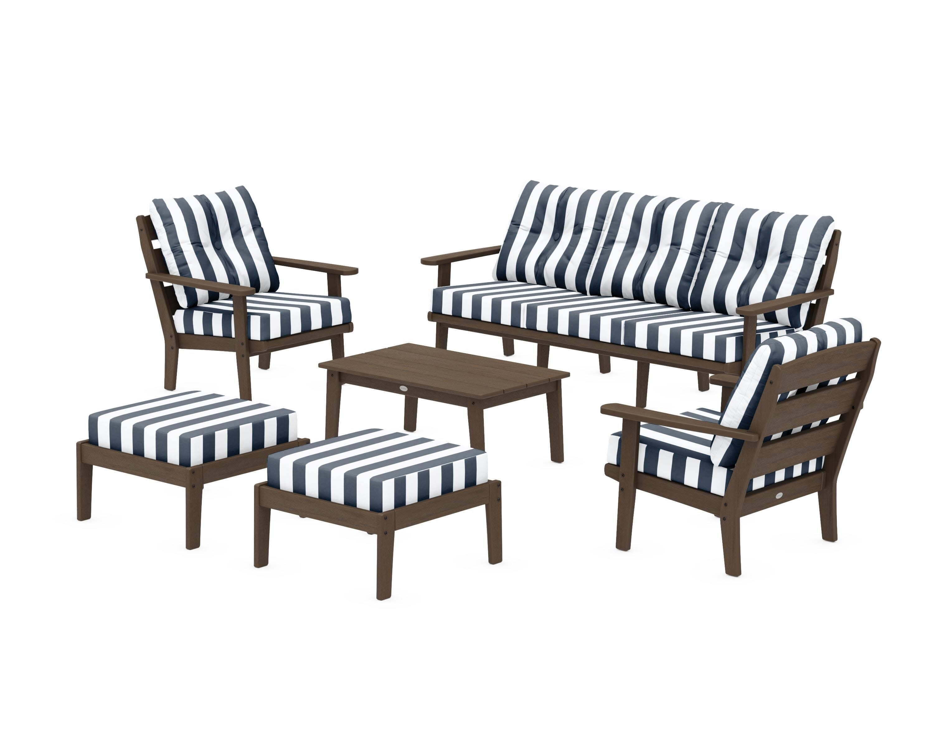 Lakeside 6-Piece Lounge Sofa Set in Kona / Cabana Stripe Marine Indigo