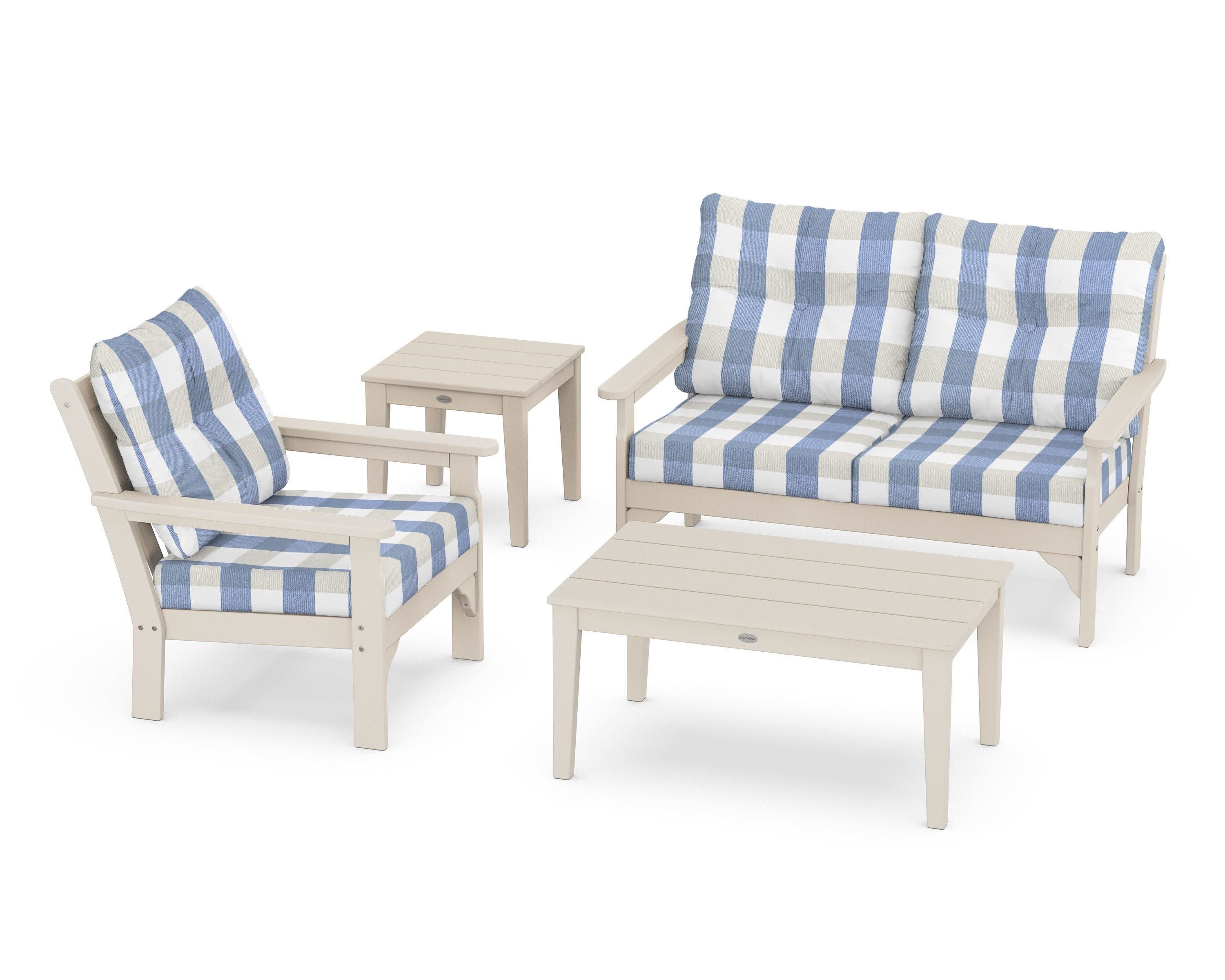 Vineyard 4-Piece Deep Seating Set in Sand / Buffalo Plaid Sky Blue