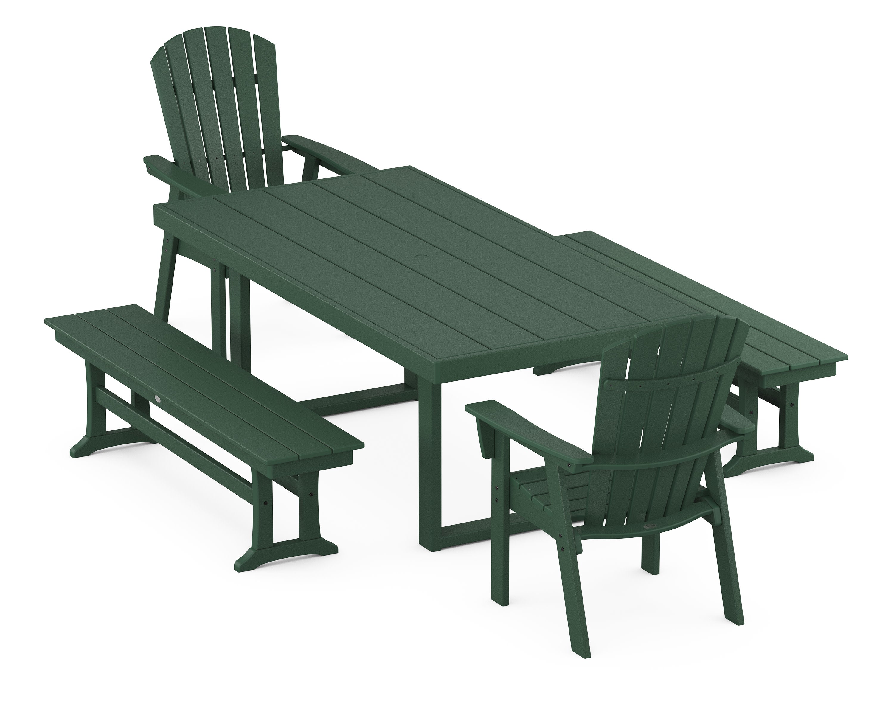 Nautical Curveback Adirondack 5-Piece Dining Set with Benches in Green