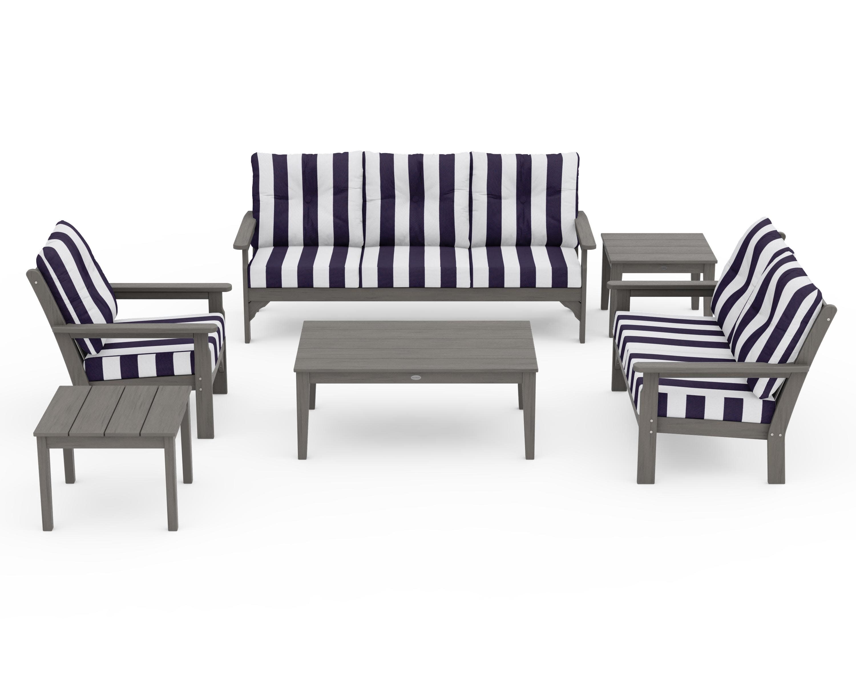 Vineyard 6-Piece Deep Seating Set in Driftwood / Cabana Stripe Navy