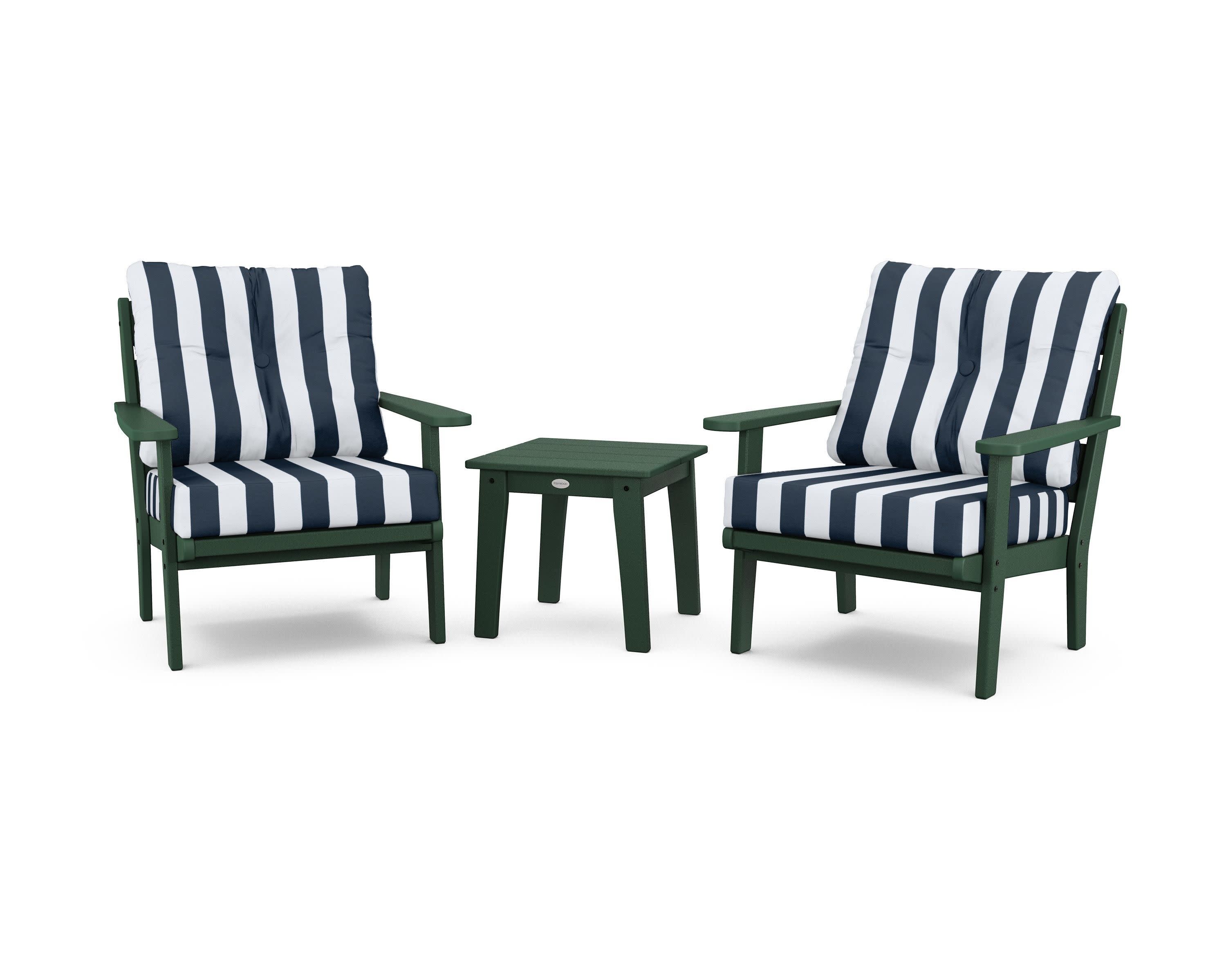 Lakeside 3-Piece Deep Seating Chair Set in Green / Cabana Stripe Marine Indigo