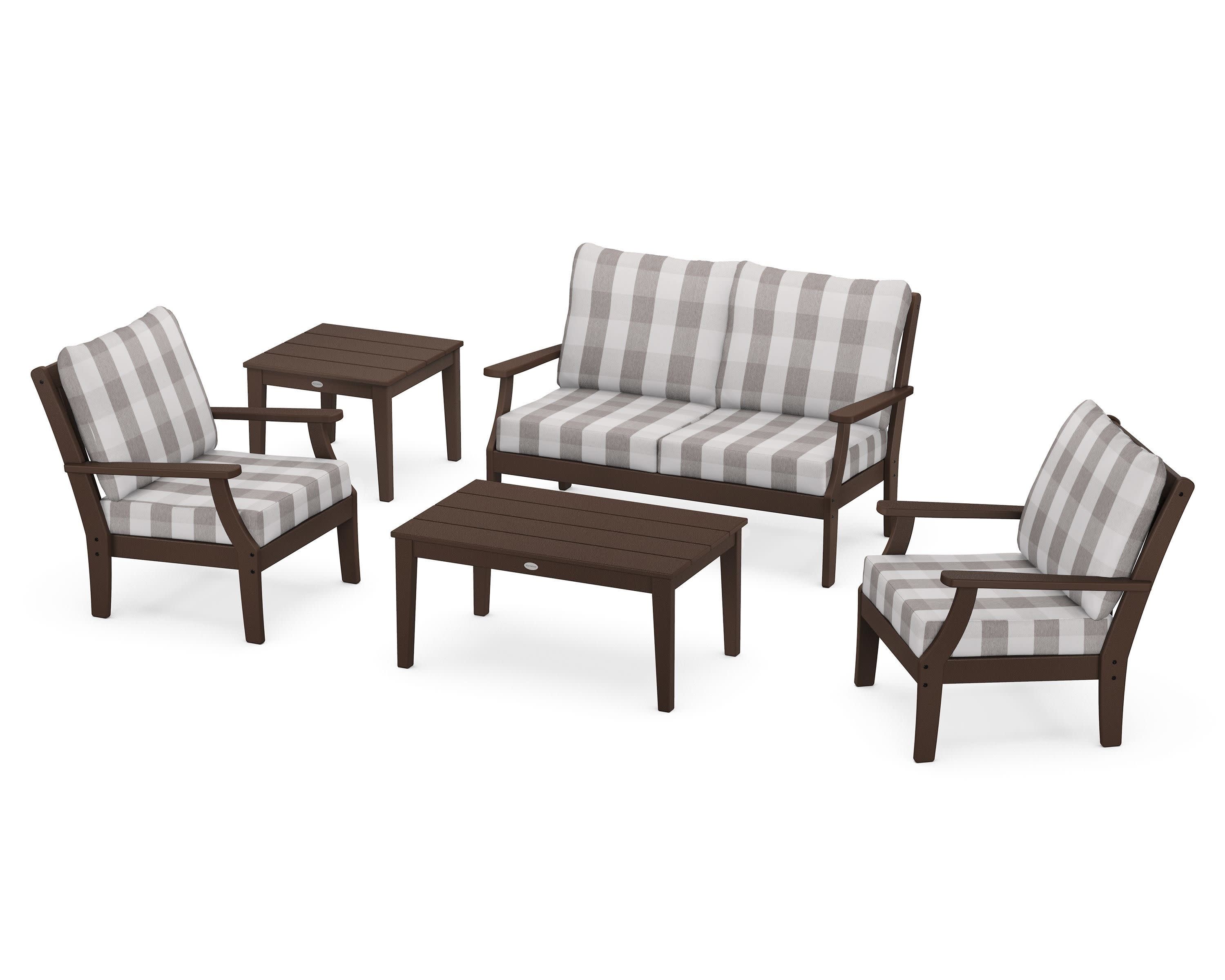 Braxton 5-Piece Deep Seating Set in Mahogany / Buffalo Plaid Grey Mist