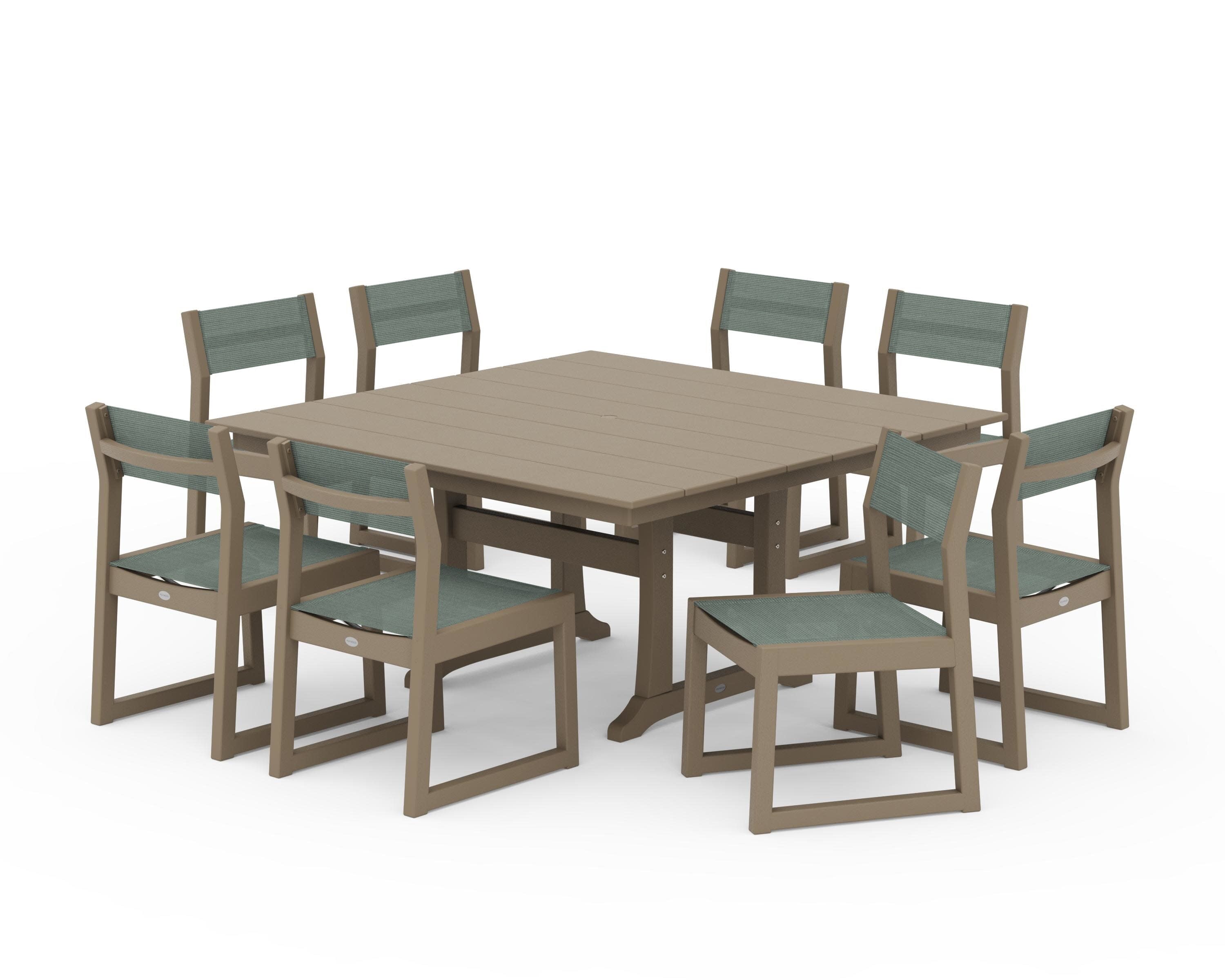 EDGE Sling Side Chair 9-Piece Farmhouse Trestle Dining Set in Vintage Sahara / Dupioni Sea Mist Sling