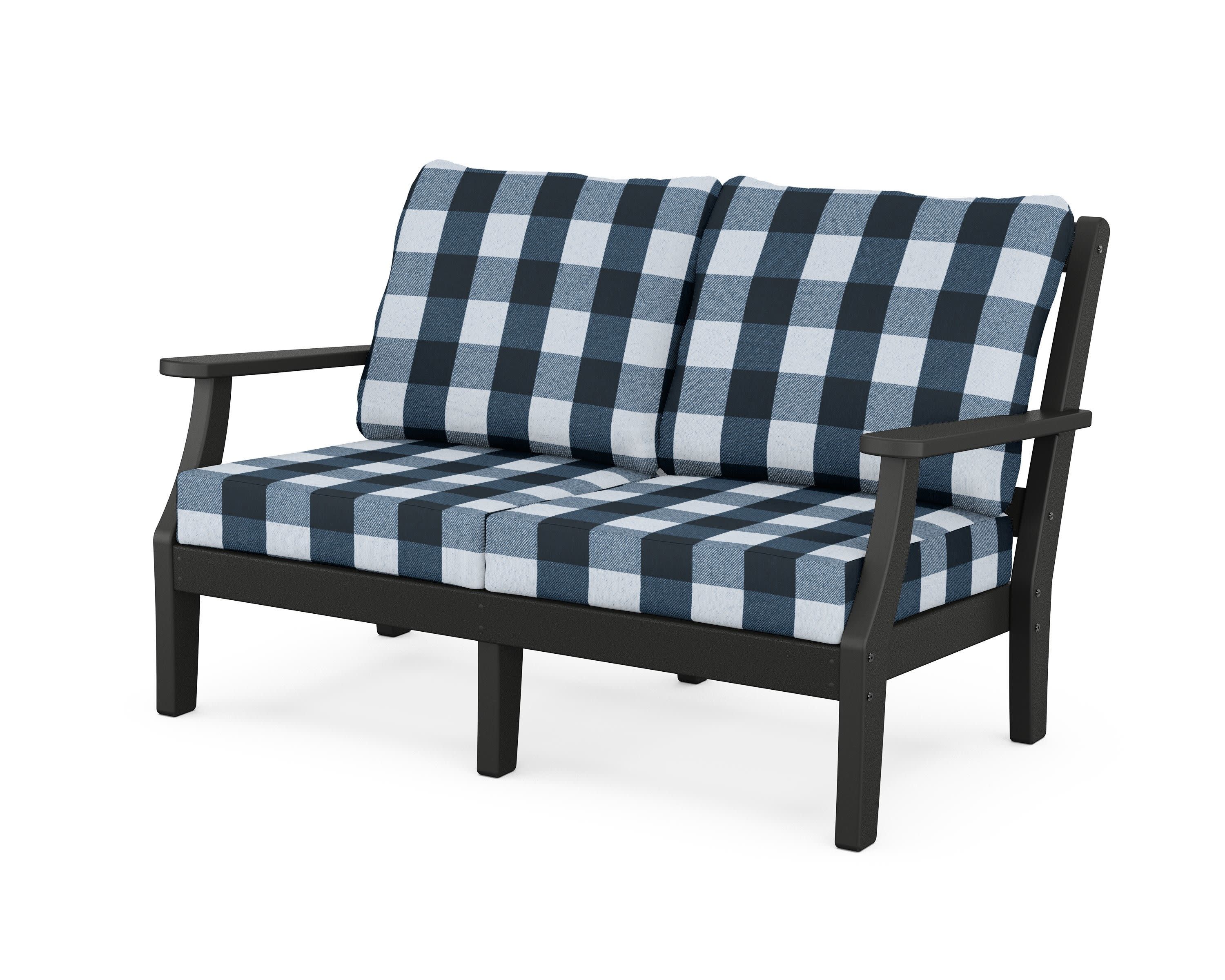 Chinoiserie Deep Seating Loveseat in Black / Buffalo Plaid Marine Indigo