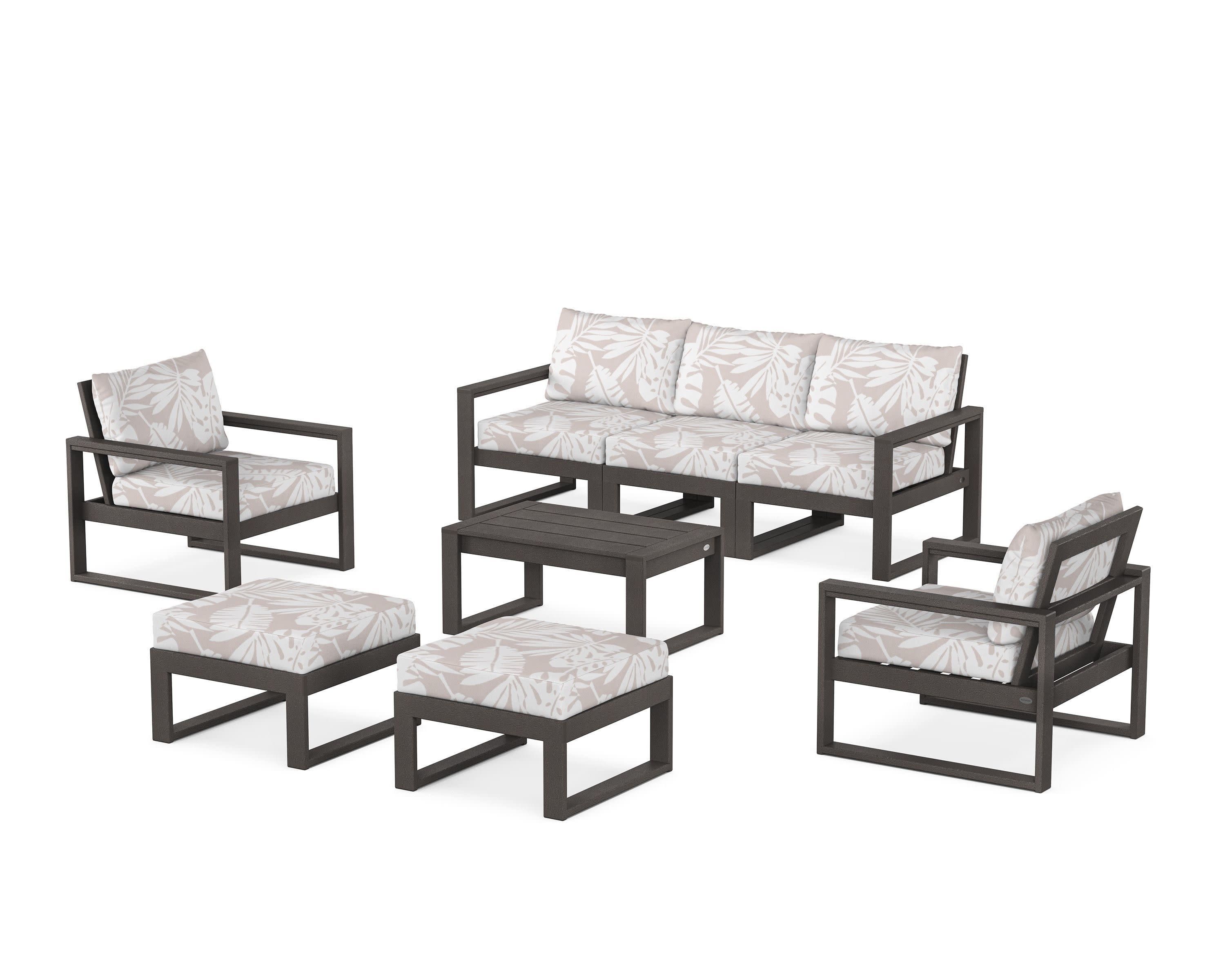 EDGE Sectional 8-Piece Lounge Sofa Set in Vintage Coffee / Leaf Dune Burlap