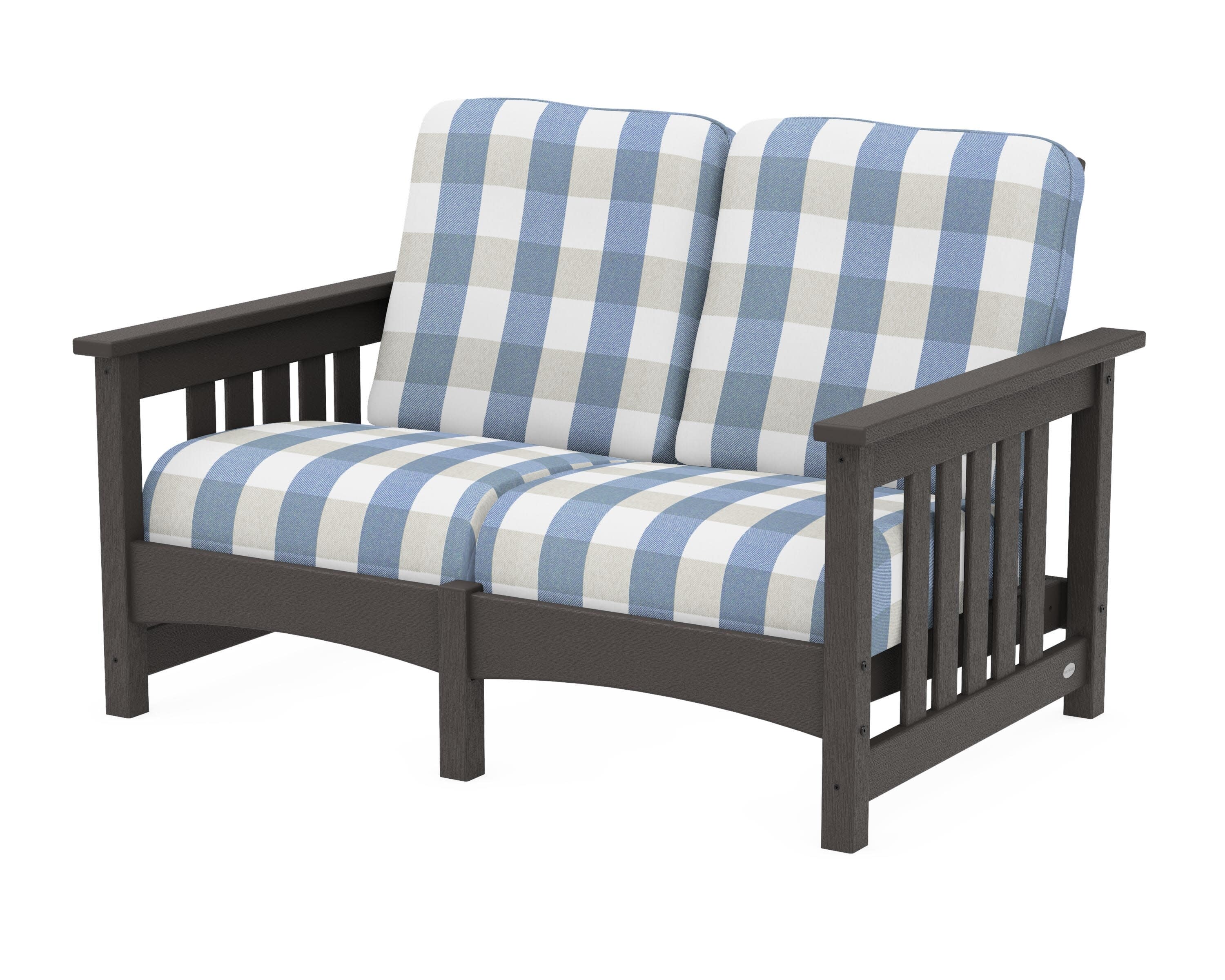 Club Mission Loveseat in Vintage Coffee / Buffalo Plaid Sky Blue