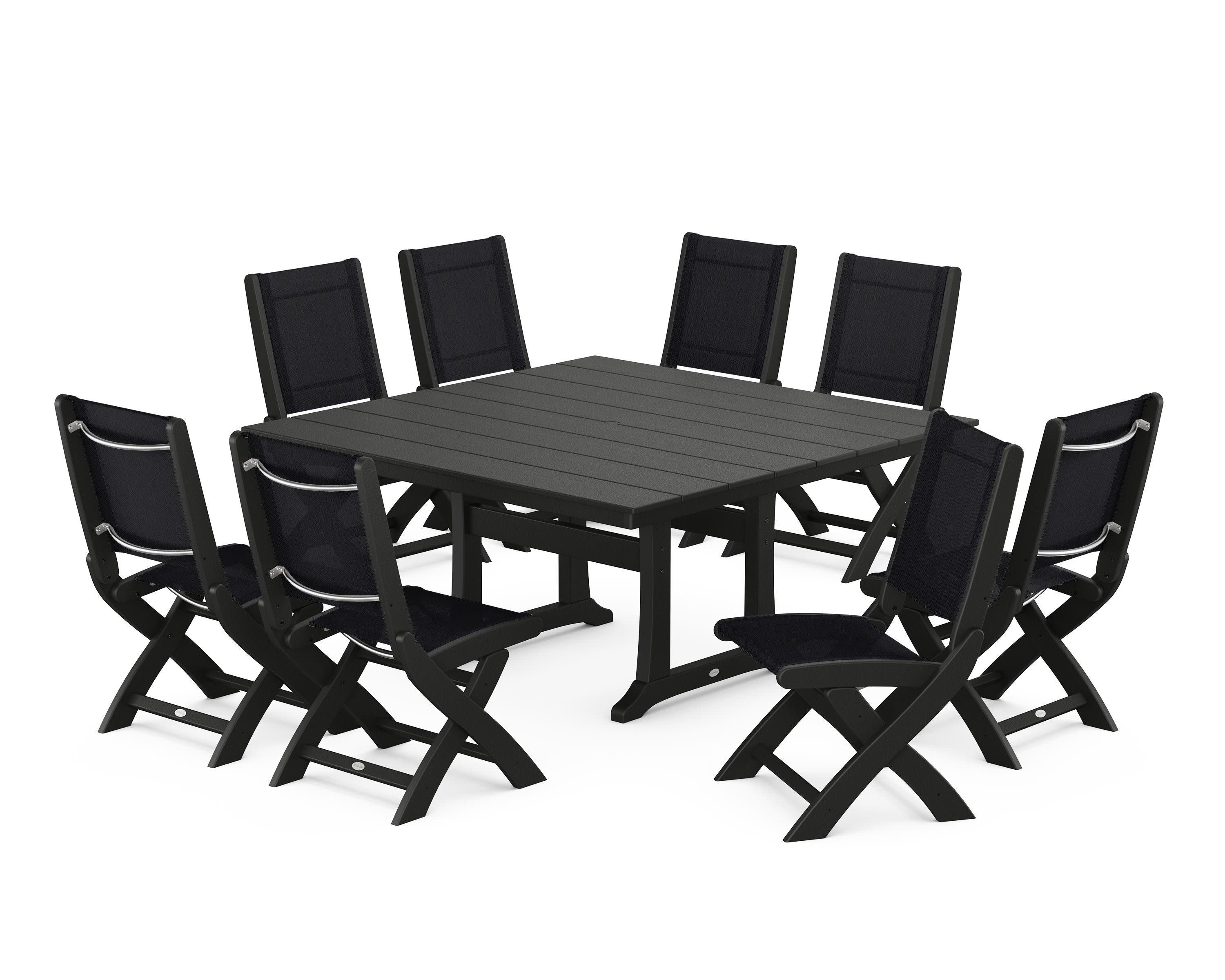 Coastal Folding Side Chair 9-Piece Farmhouse Dining Set in Black / Black Sling