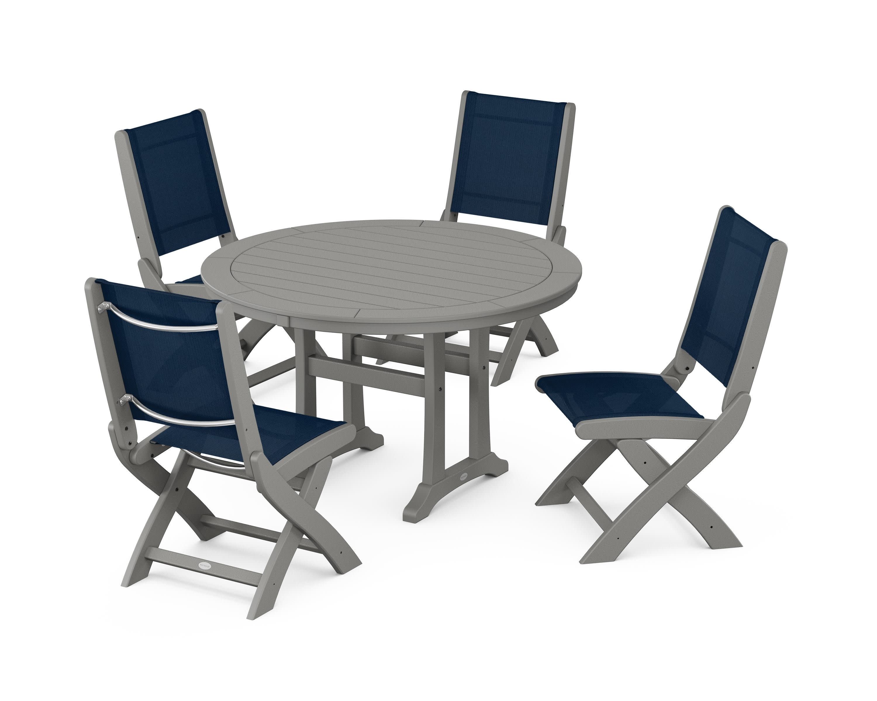 Coastal Folding Side Chair 5-Piece Round Dining Set With Trestle Legs in Slate Grey / Navy Blue Sling