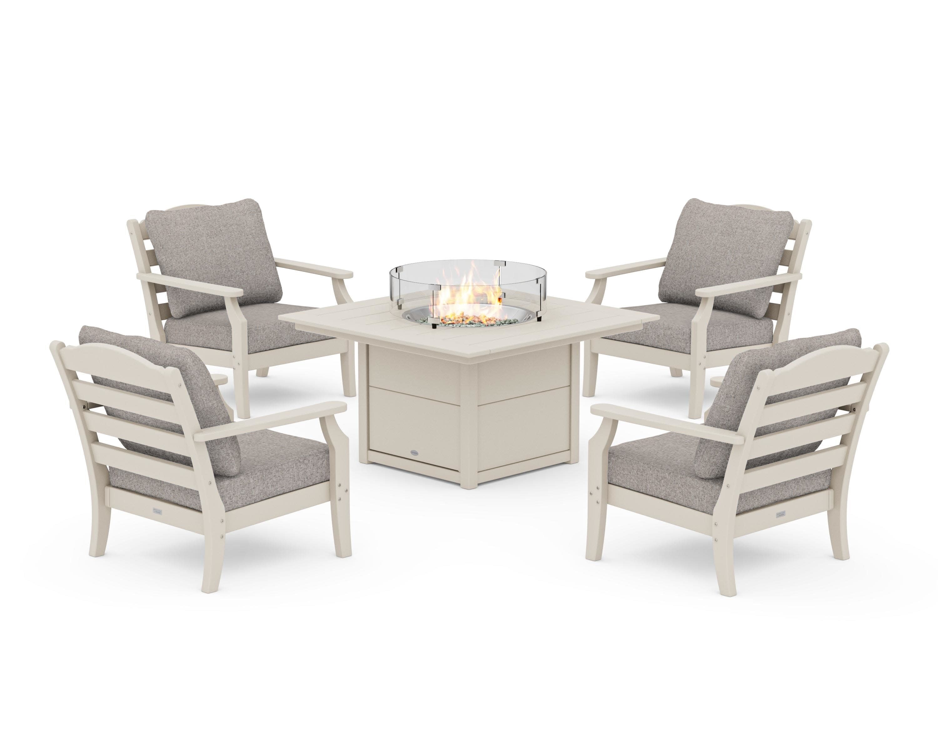 Savannah 5-Piece Deep Seating Set with Fire Pit Table in Sand / Weathered Tweed