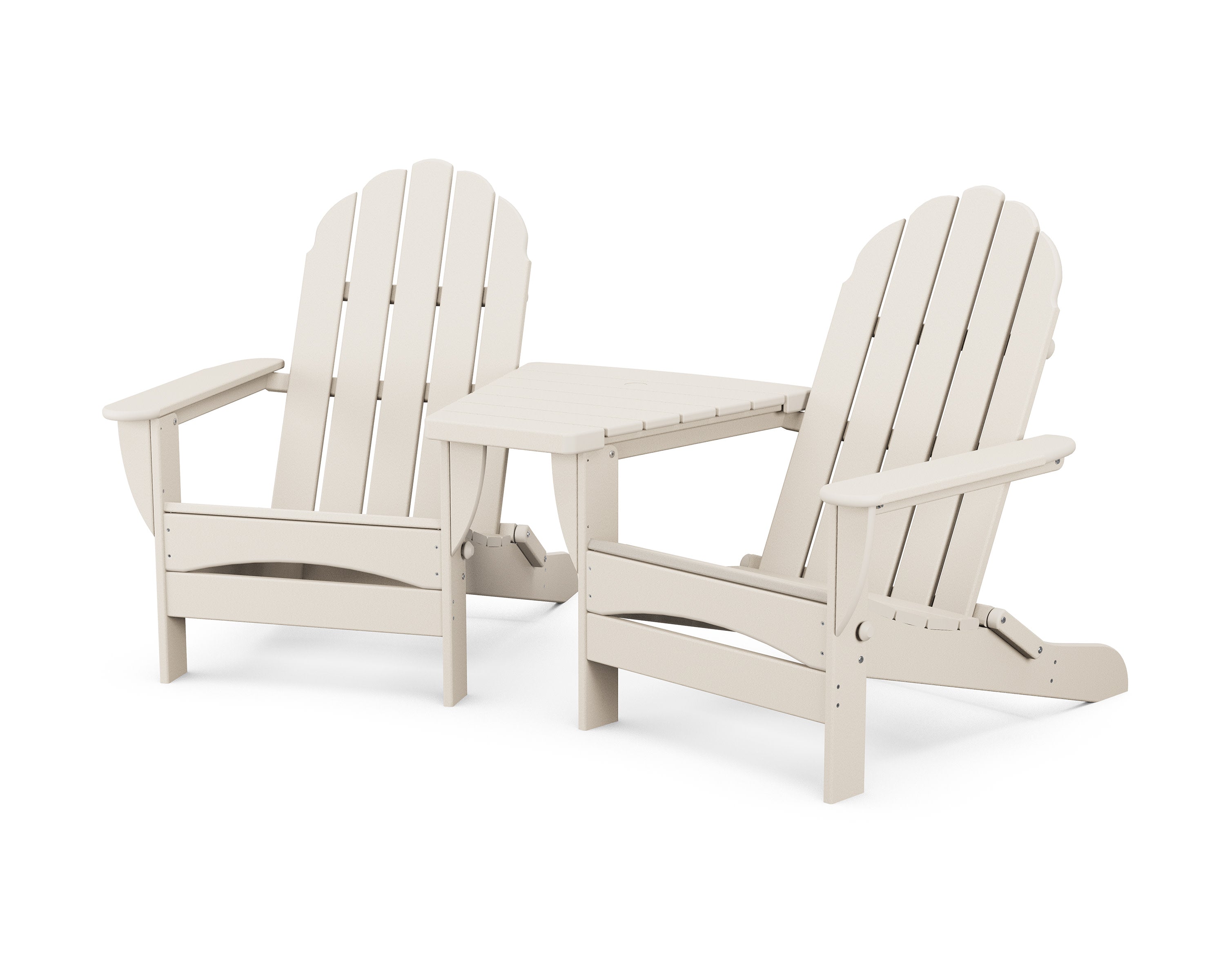 Classic Oversized Adirondacks with Angled Connecting Table in Sand