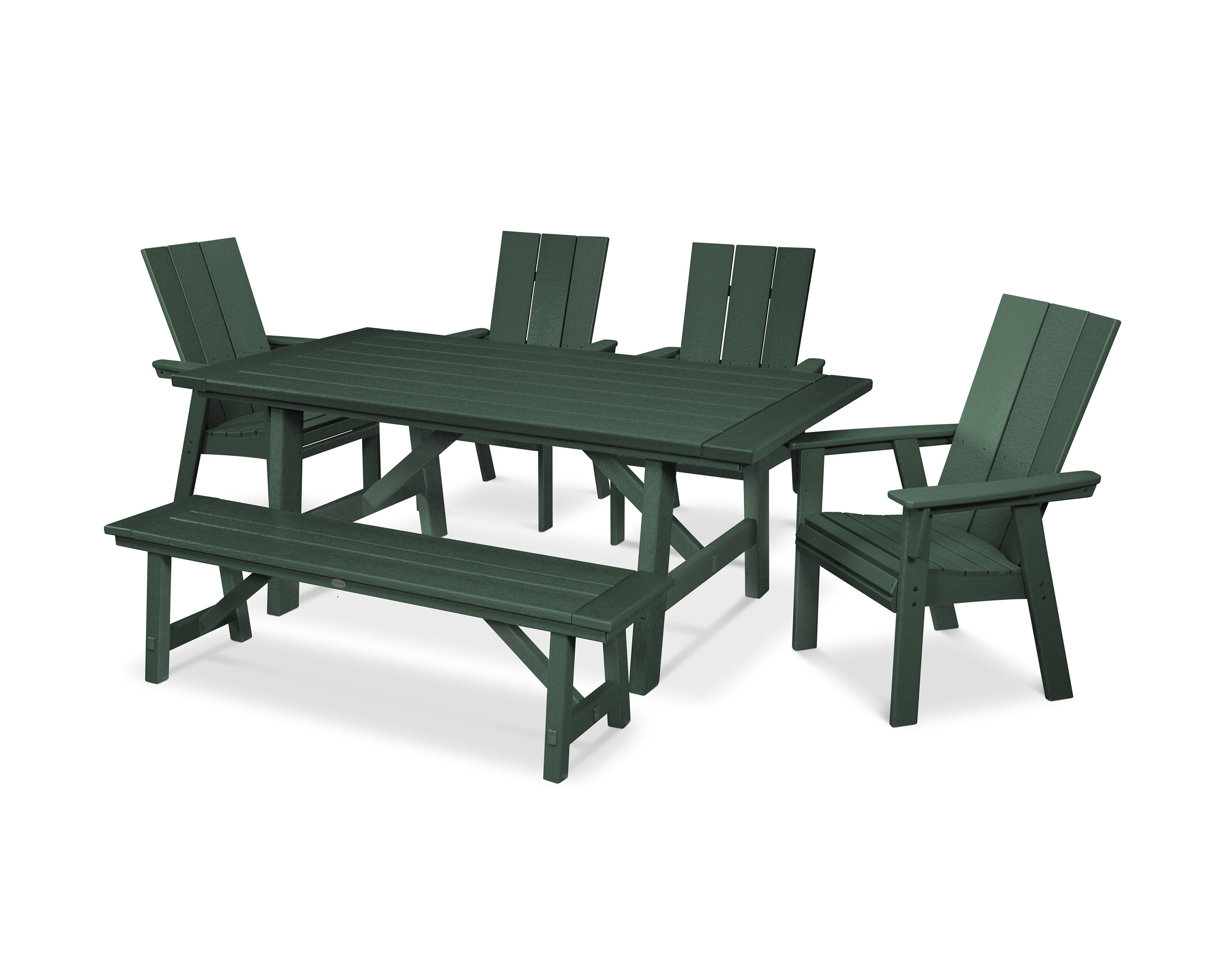 Modern Curveback Adirondack 6-Piece Rustic Farmhouse Dining Set with Bench in Green