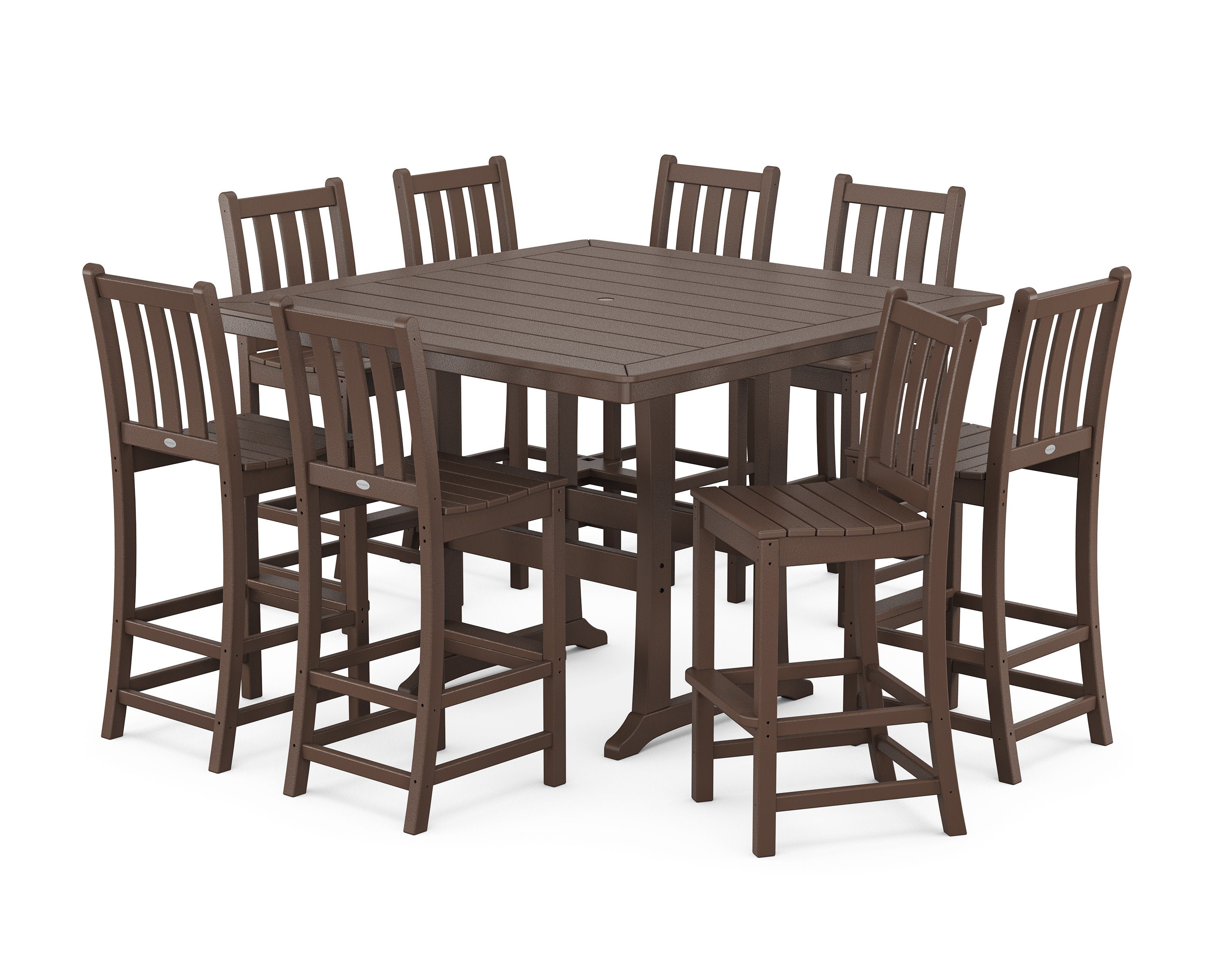 Traditional Garden 9-Piece Nautical Trestle Bar Set in Mahogany