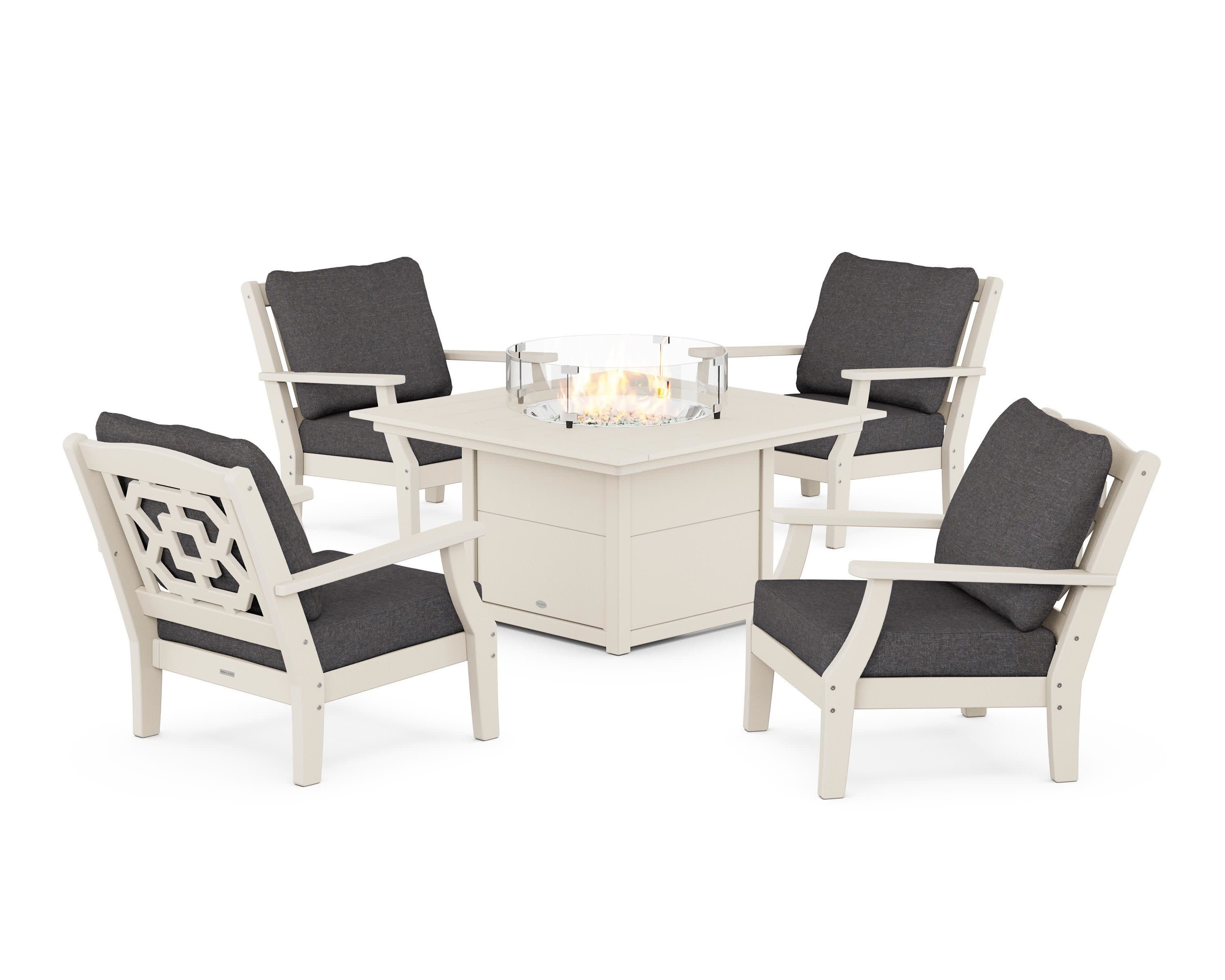 Chinoiserie 5-Piece Deep Seating Set with Fire Pit Table in Sand / Ash Charcoal