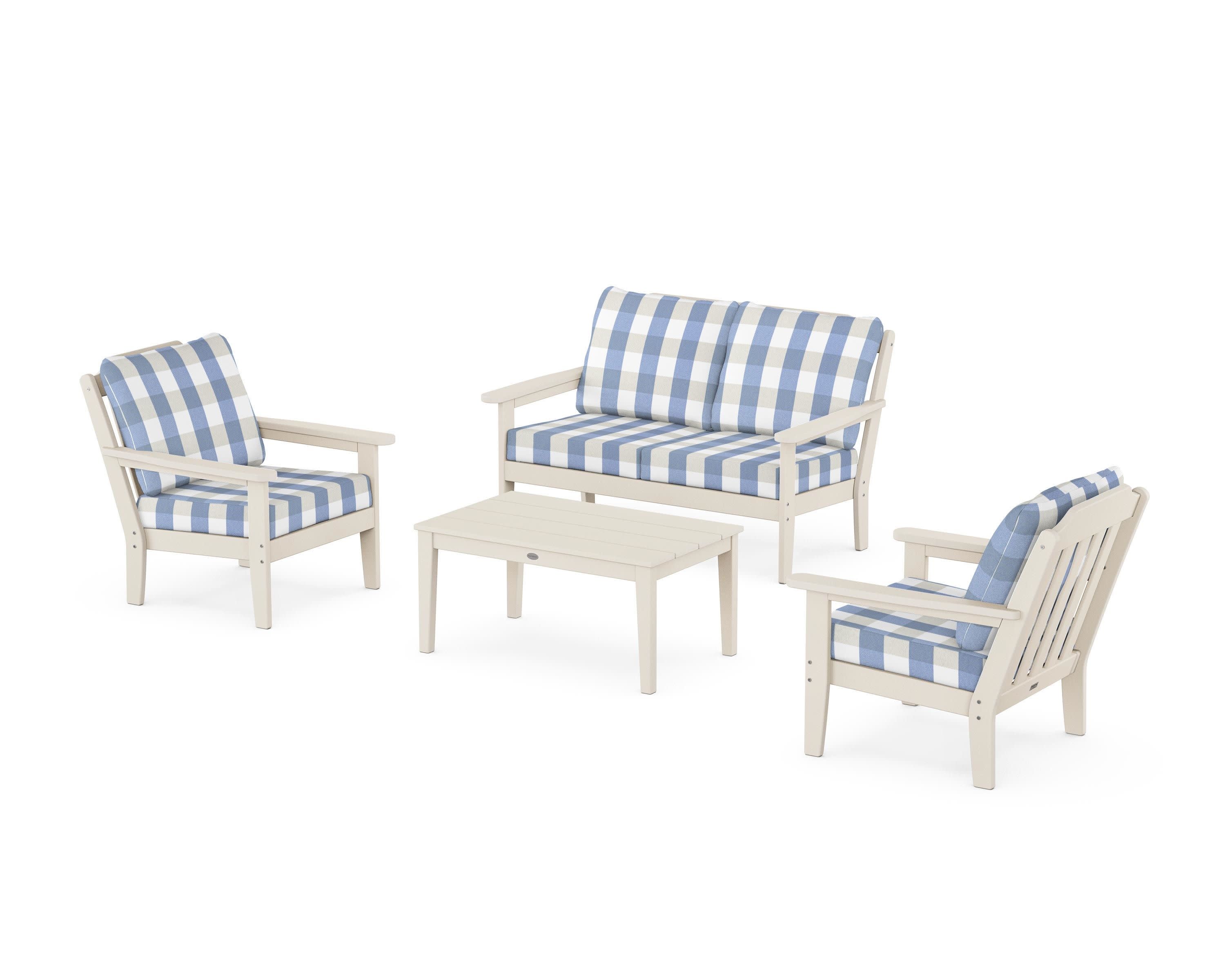 Cottage 4-Piece Deep Seating Set with Loveseat in Sand / Buffalo Plaid Sky Blue