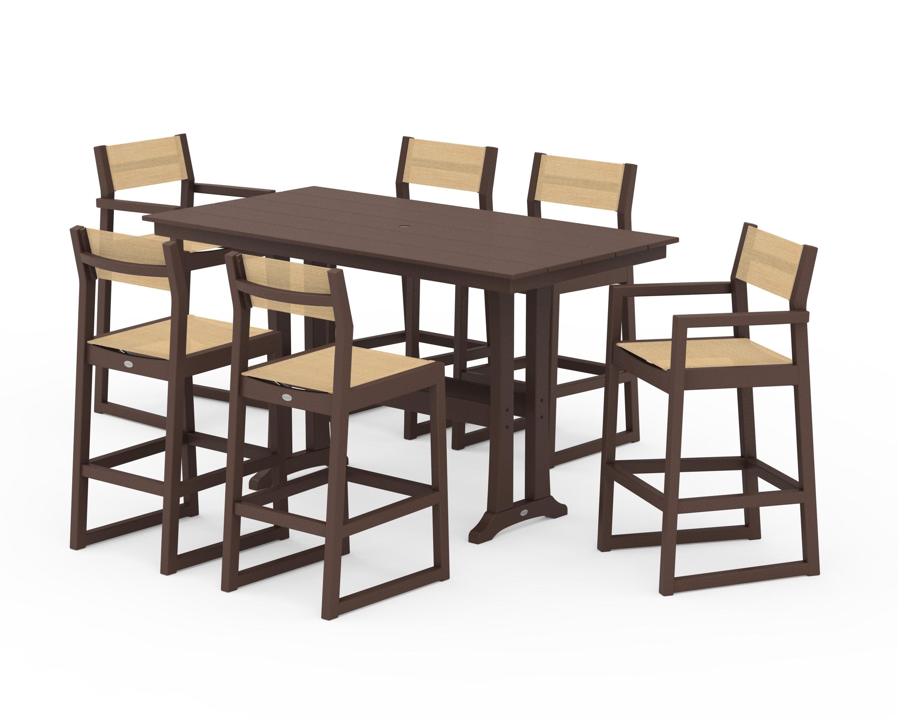EDGE Sling 7-Piece Farmhouse Bar Set with Trestle Legs in Mahogany / Dupioni Apricot Sling