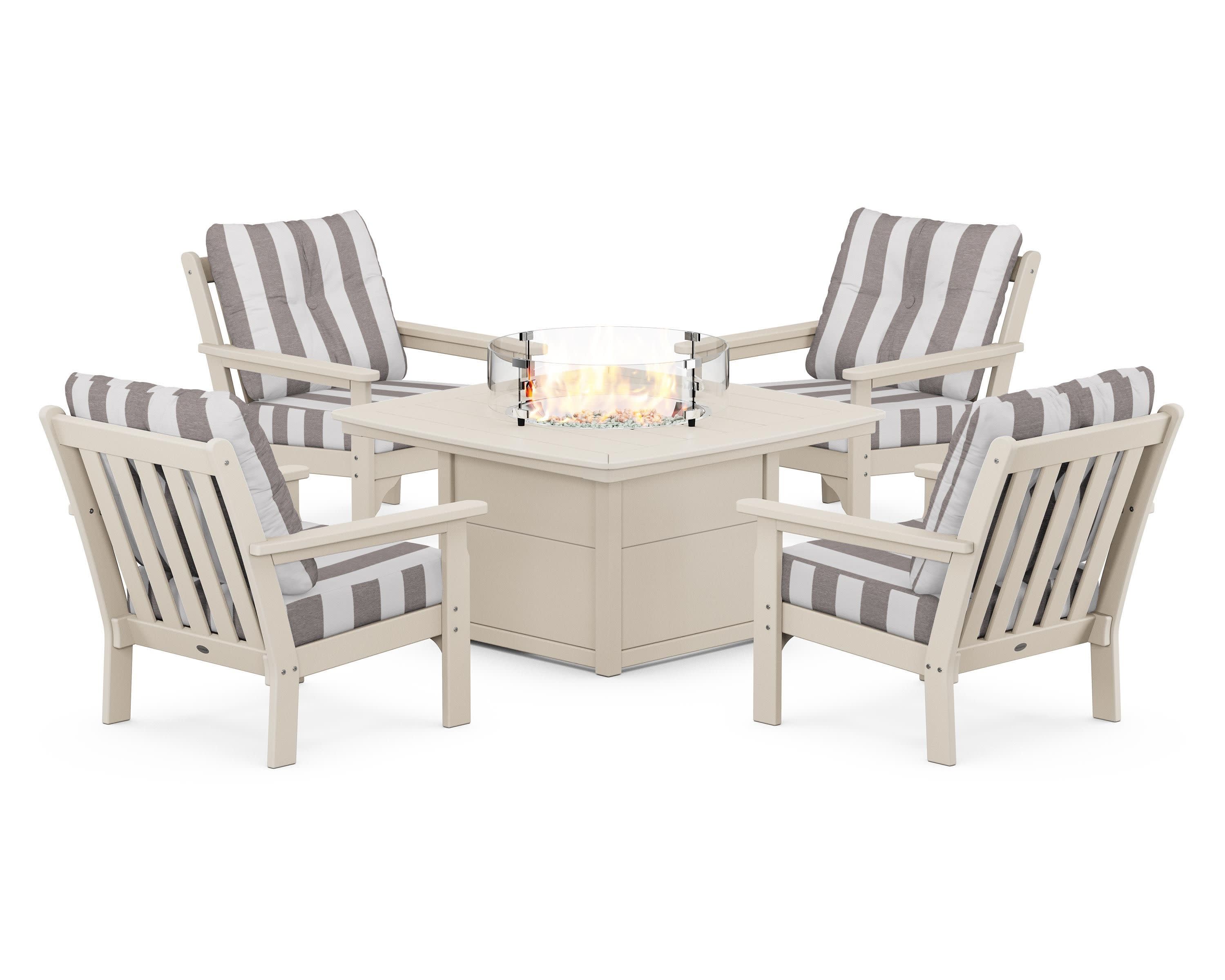 Vineyard 5-Piece Conversation Set with Fire Pit Table in Sand / Cabana Stripe Grey Mist
