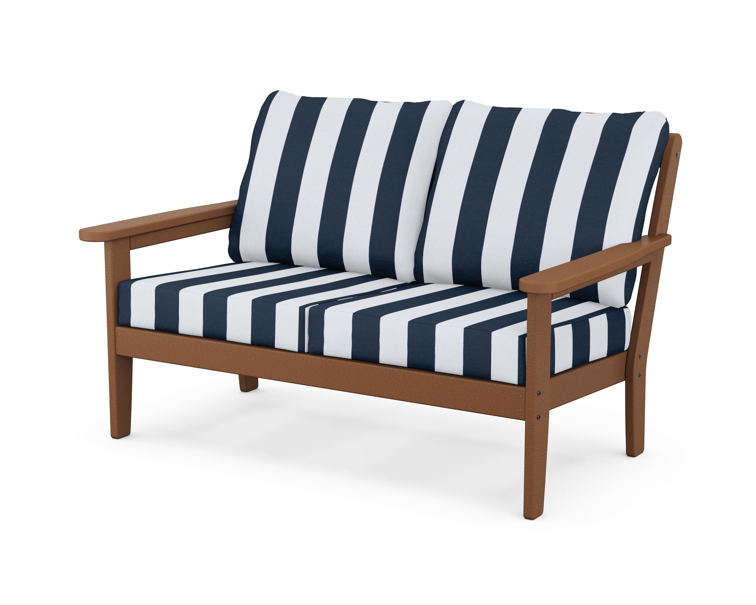Cottage Deep Seating Loveseat in Teak / Cabana Stripe Marine Indigo
