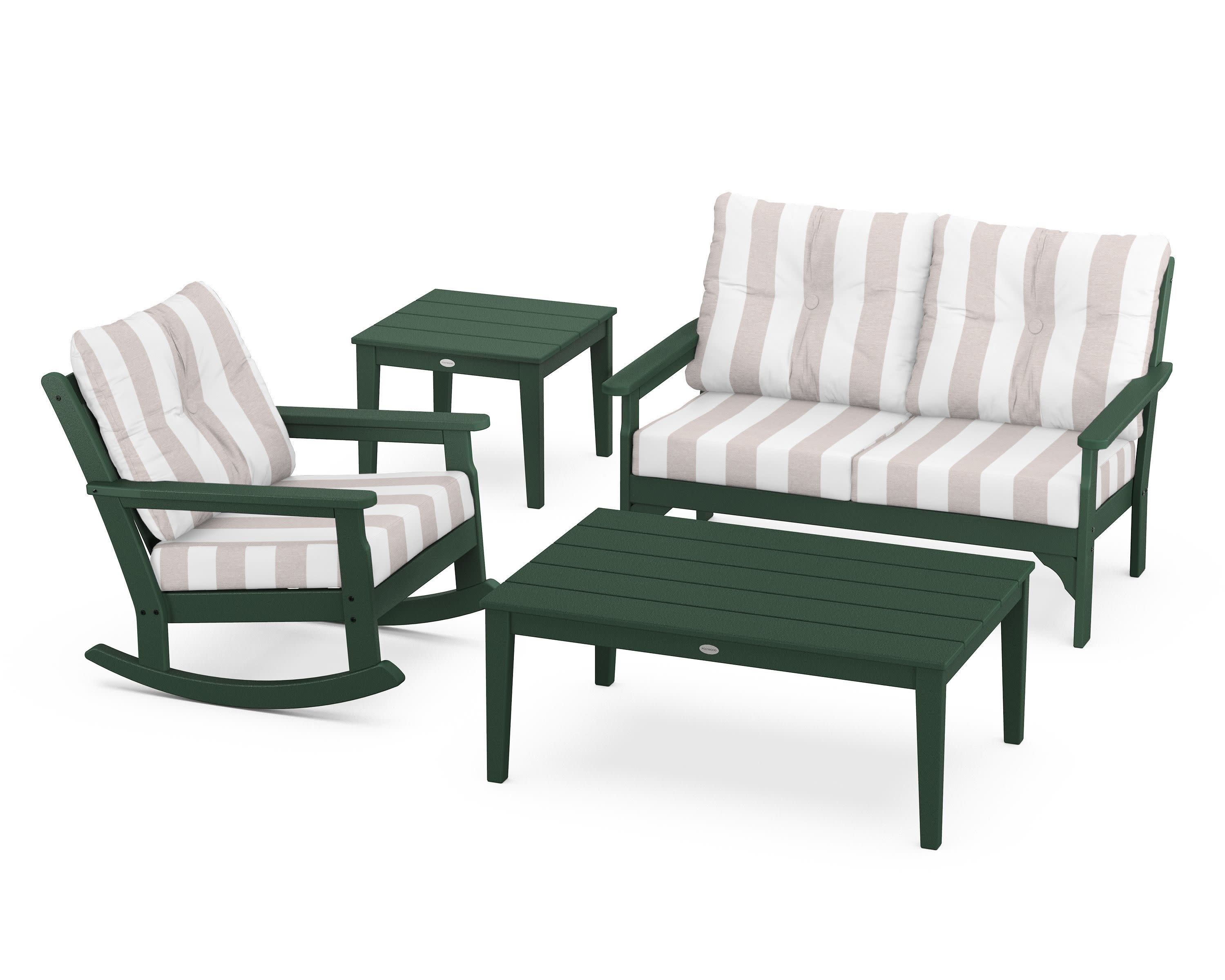 Vineyard 4-Piece Deep Seating Rocker Set in Green / Cabana Stripe Dune Burlap