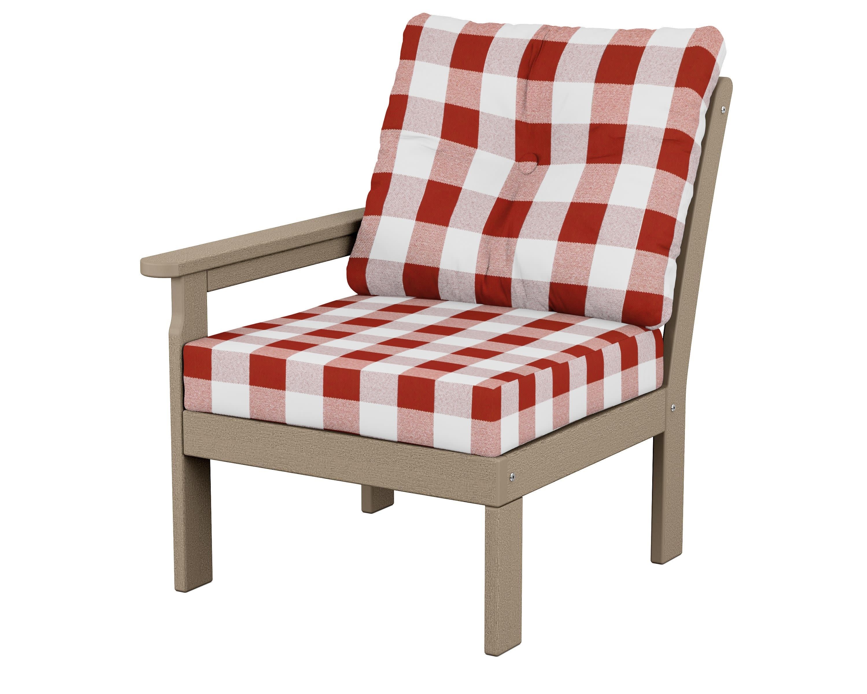 Vineyard Modular Left Arm Chair in Vintage Sahara / Buffalo Plaid Crimson