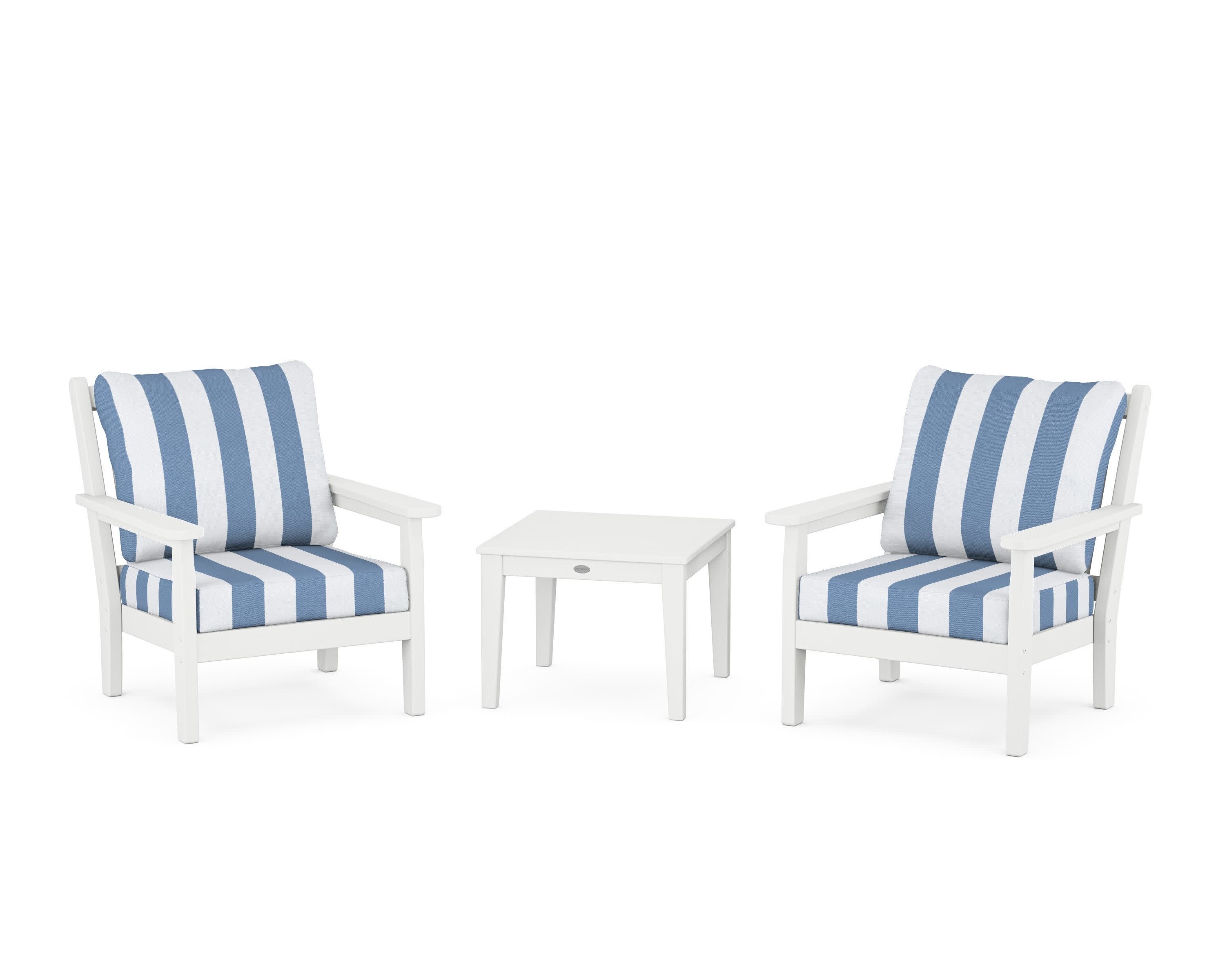 Chippendale 3-Piece Deep Seating Set in White / Cabana Stripe Sky Blue