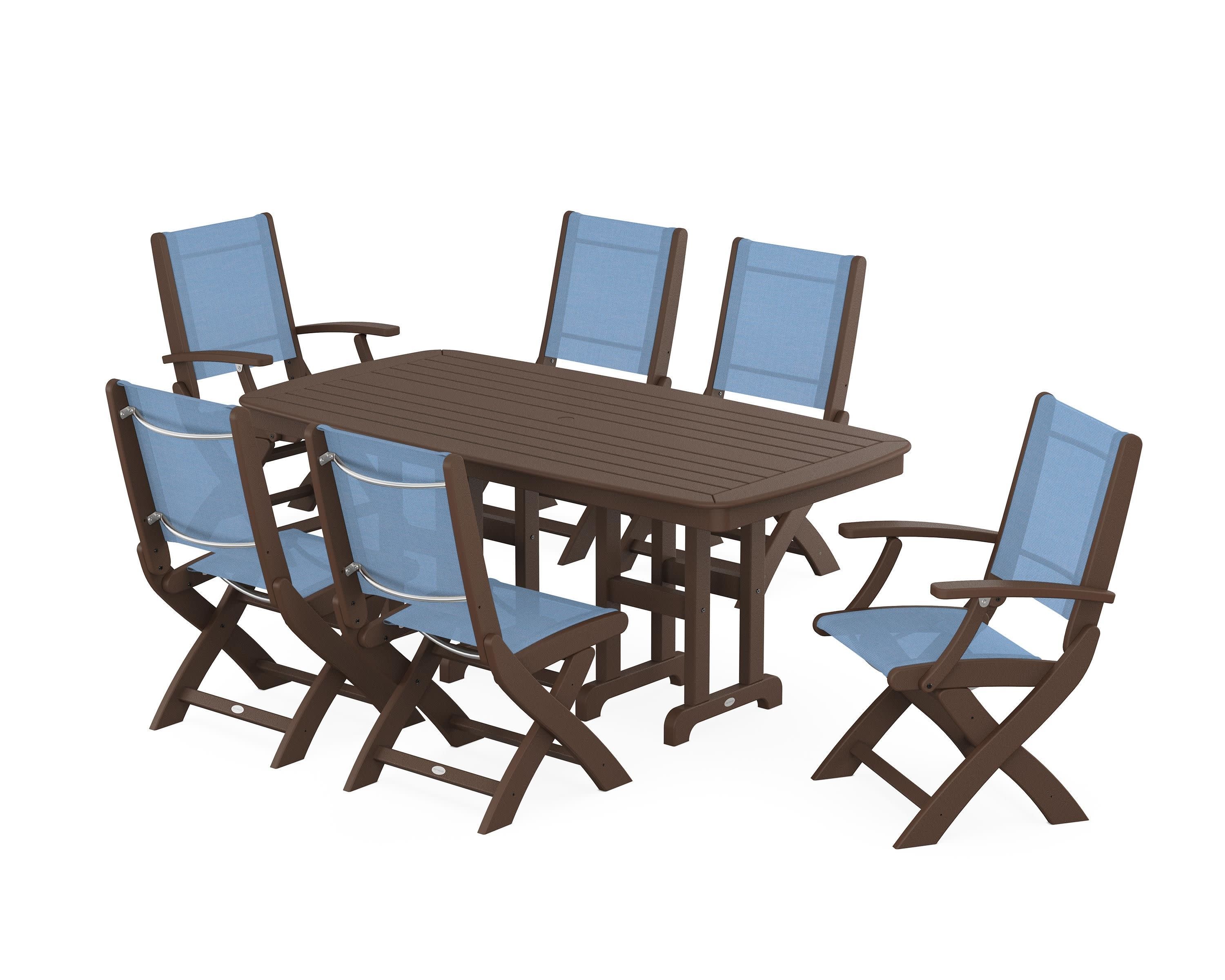 Coastal Folding Chair 7-Piece Dining Set in Mahogany / Poolside Sling